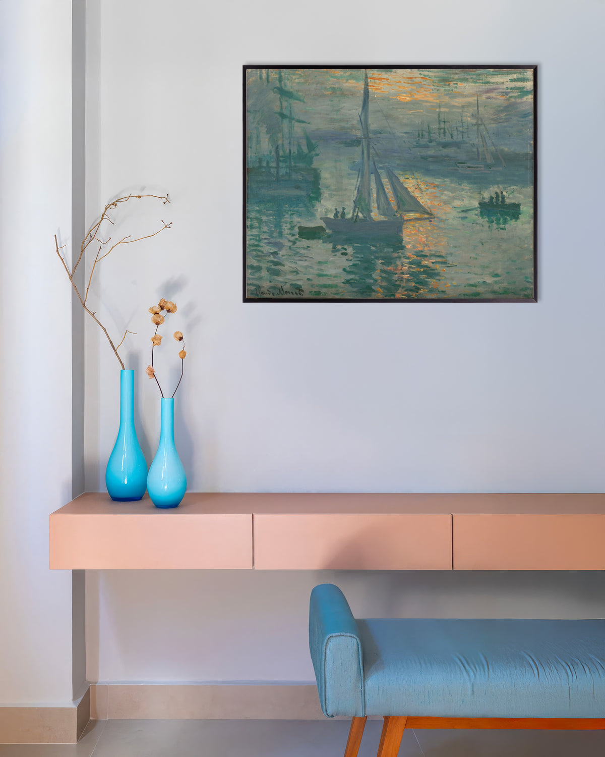 Plakat Solopgang, marinebillede (1873) af Claude Monet med metalramme