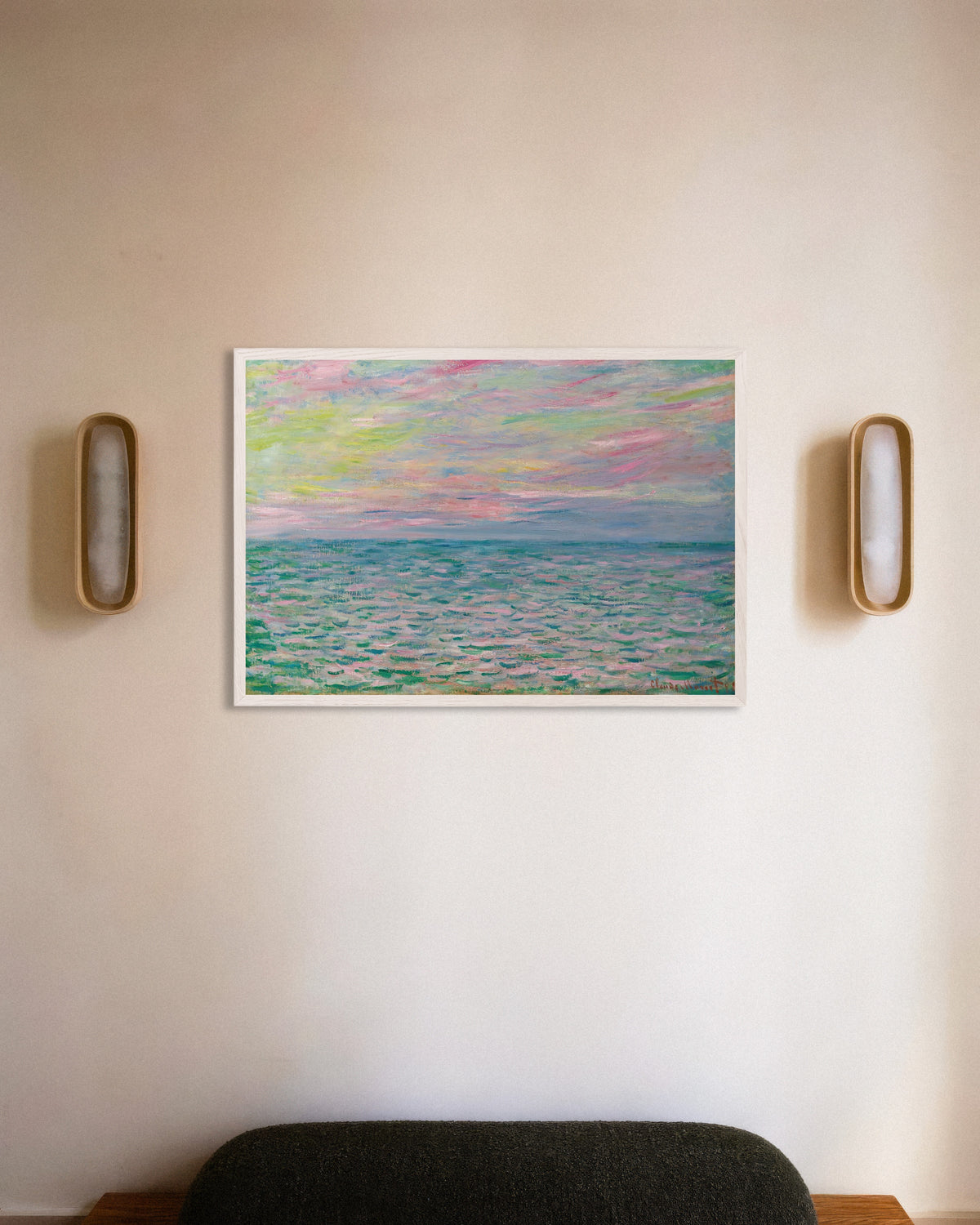 Plakat Solnedgang ved Pourville, åbent hav (1882) af Claude Monet med hvid træramme