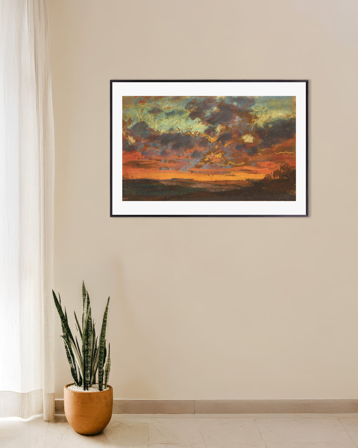 Plakat Solnedgang (ca. 1868) af Claude Monet med metalramme