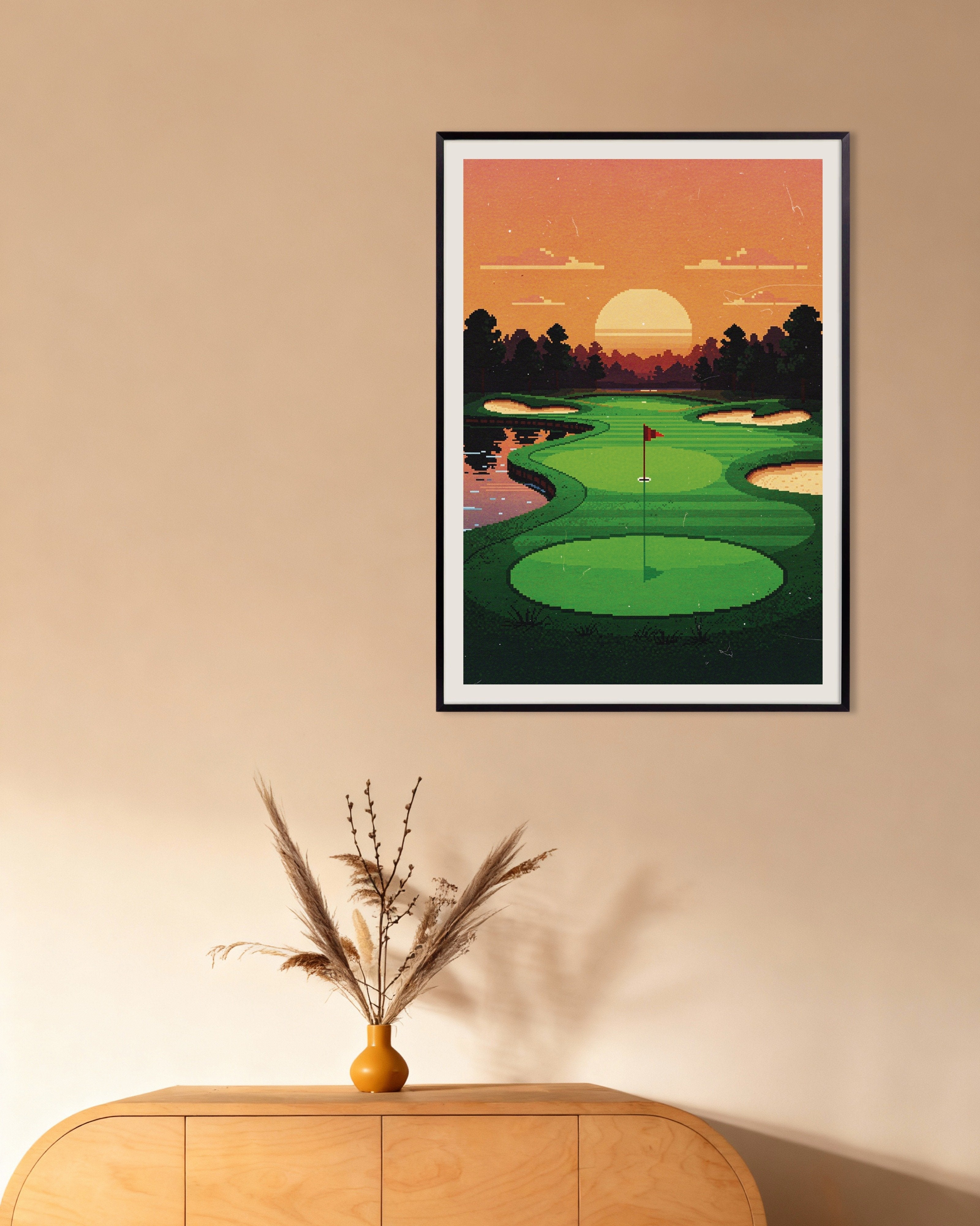 Poster of Sunset Fairway - Pixel Art Golf Poster, with metal frame