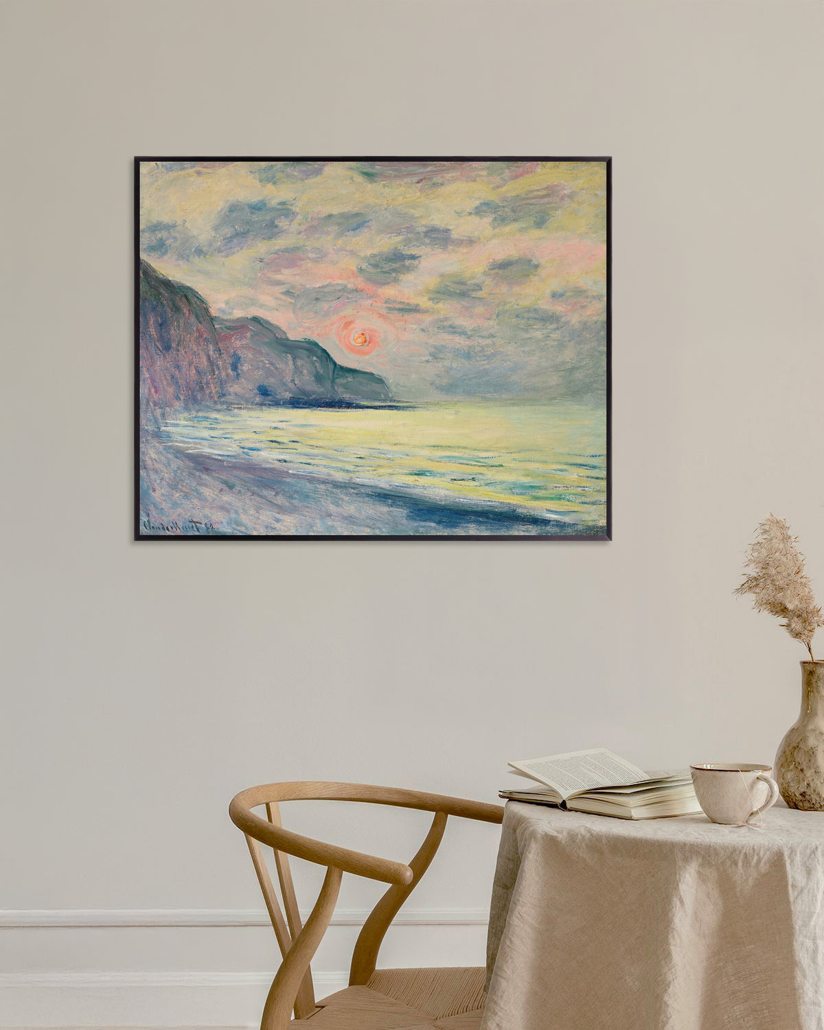 Plakat Solnedgang i diset vejr, Pourville (1882) af Claude Monet med metalramme