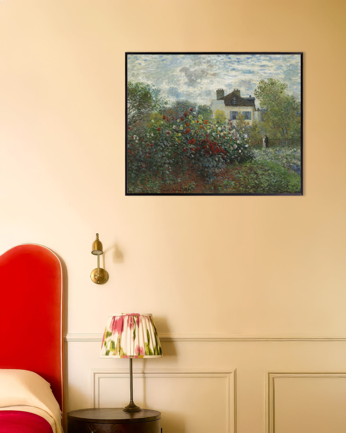 Plakat Kunstnerens have i Argenteuil, et hjørne med georginer (1873) af Claude Monet med metalramme