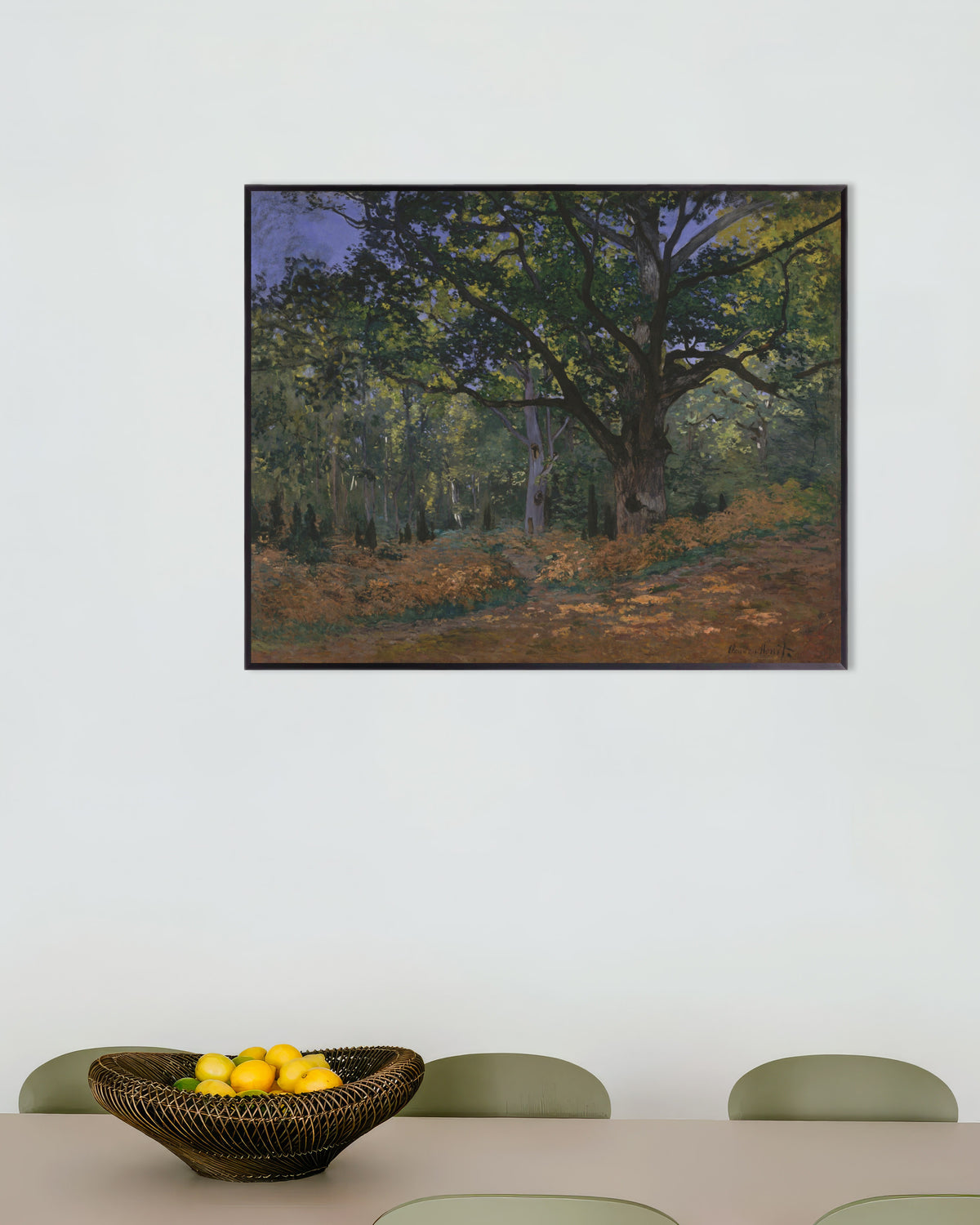 Plakat Bodmer-egen, Fontainebleau-skoven (1865) af Claude Monet med metalramme
