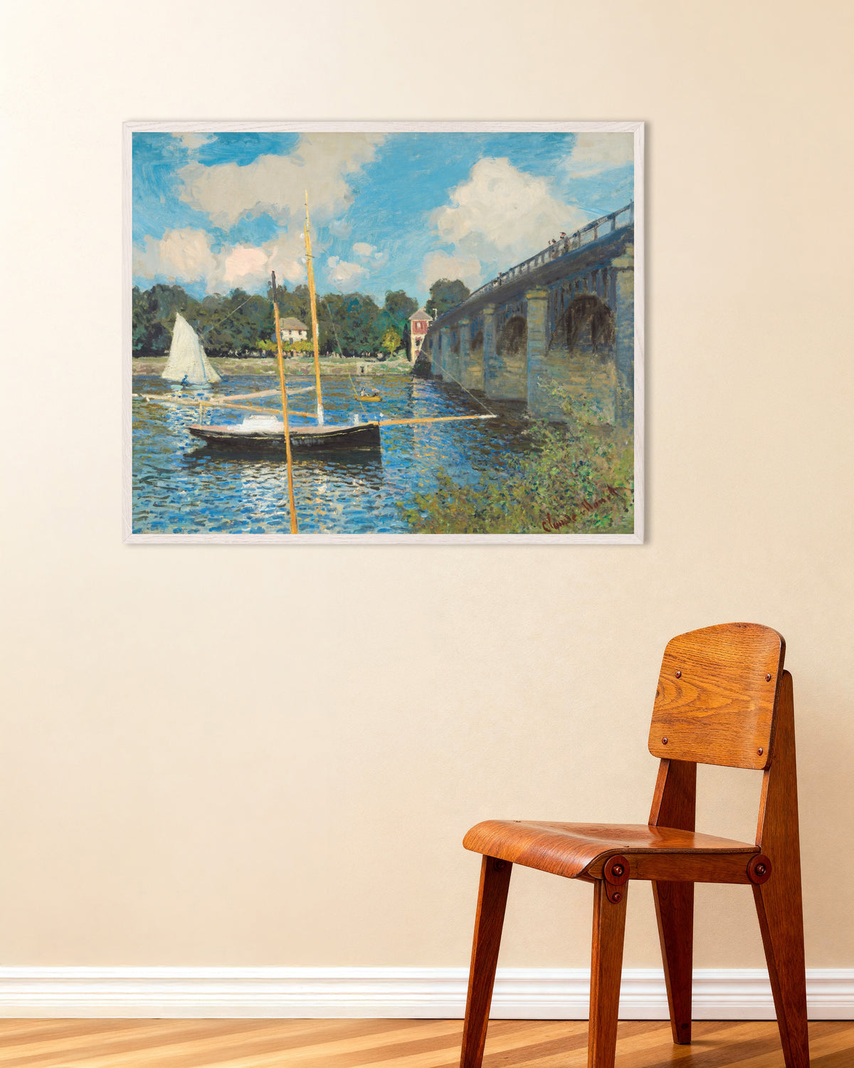 Plakat Broen i Argenteuil (1874) af Claude Monet med hvid træramme