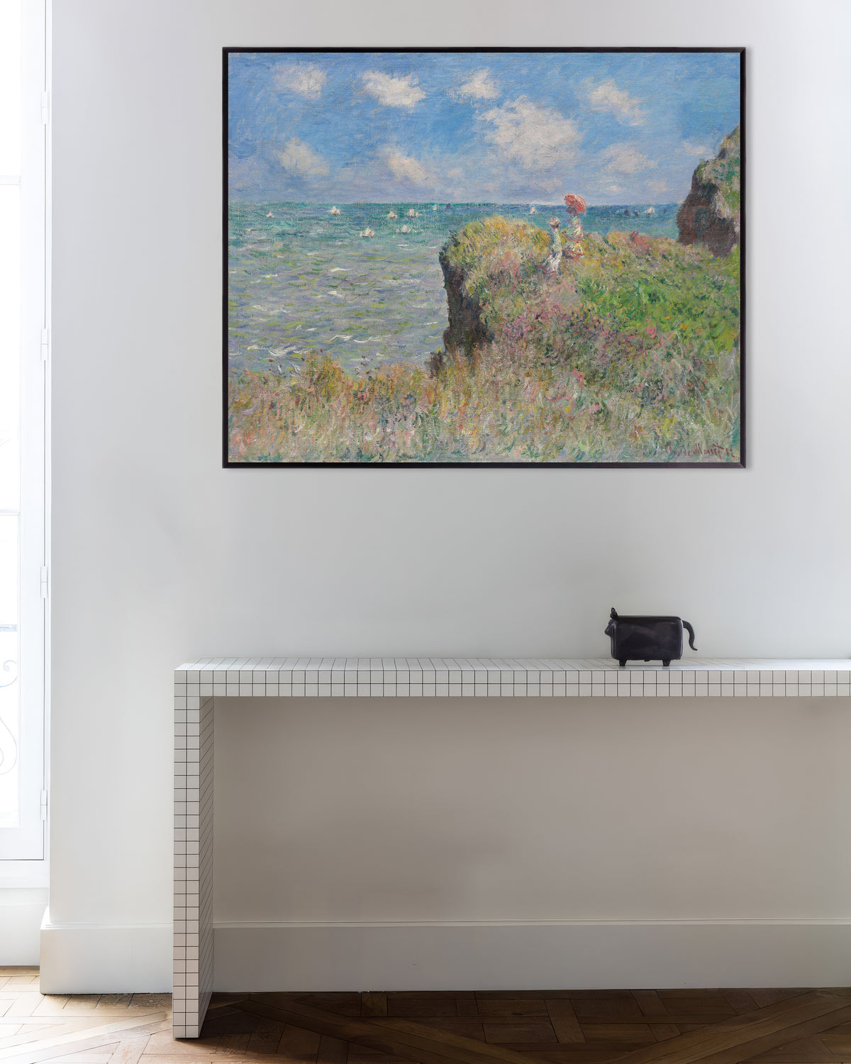 Plakat Spadseretur på klippen ved Pourville (1882) af Claude Monet med metalramme