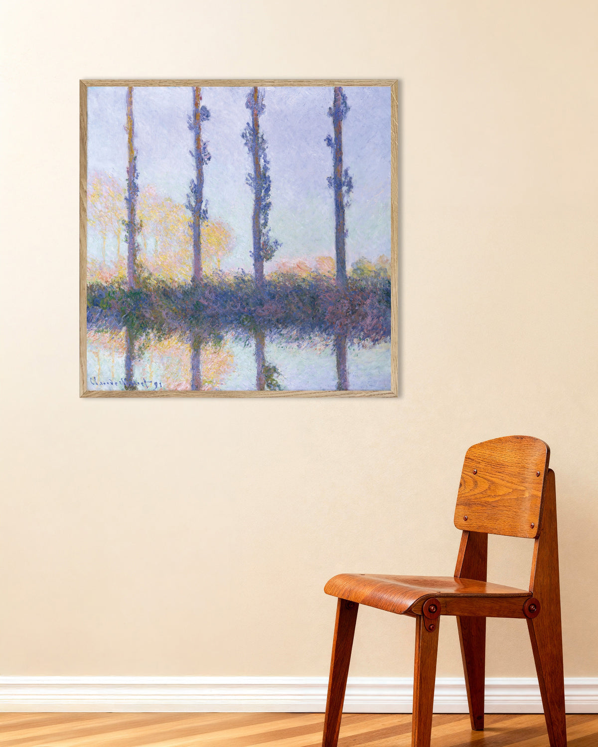 Plakat De fire træer (1891) af Claude Monet med ramme i naturtræ