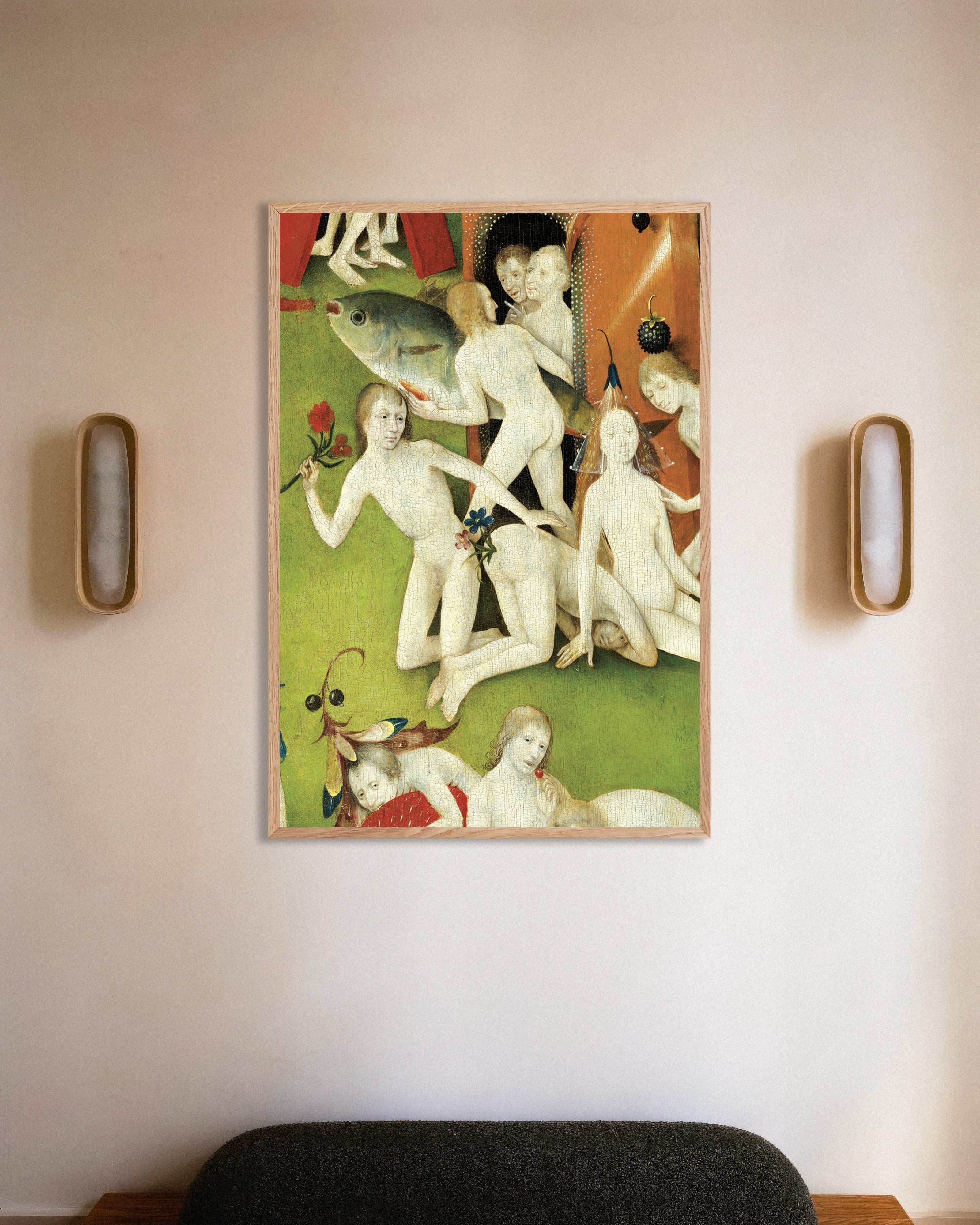 Poster of The giant fish and flower figures - Detail from The Garden of Earthly Delights, with natural wooden frame