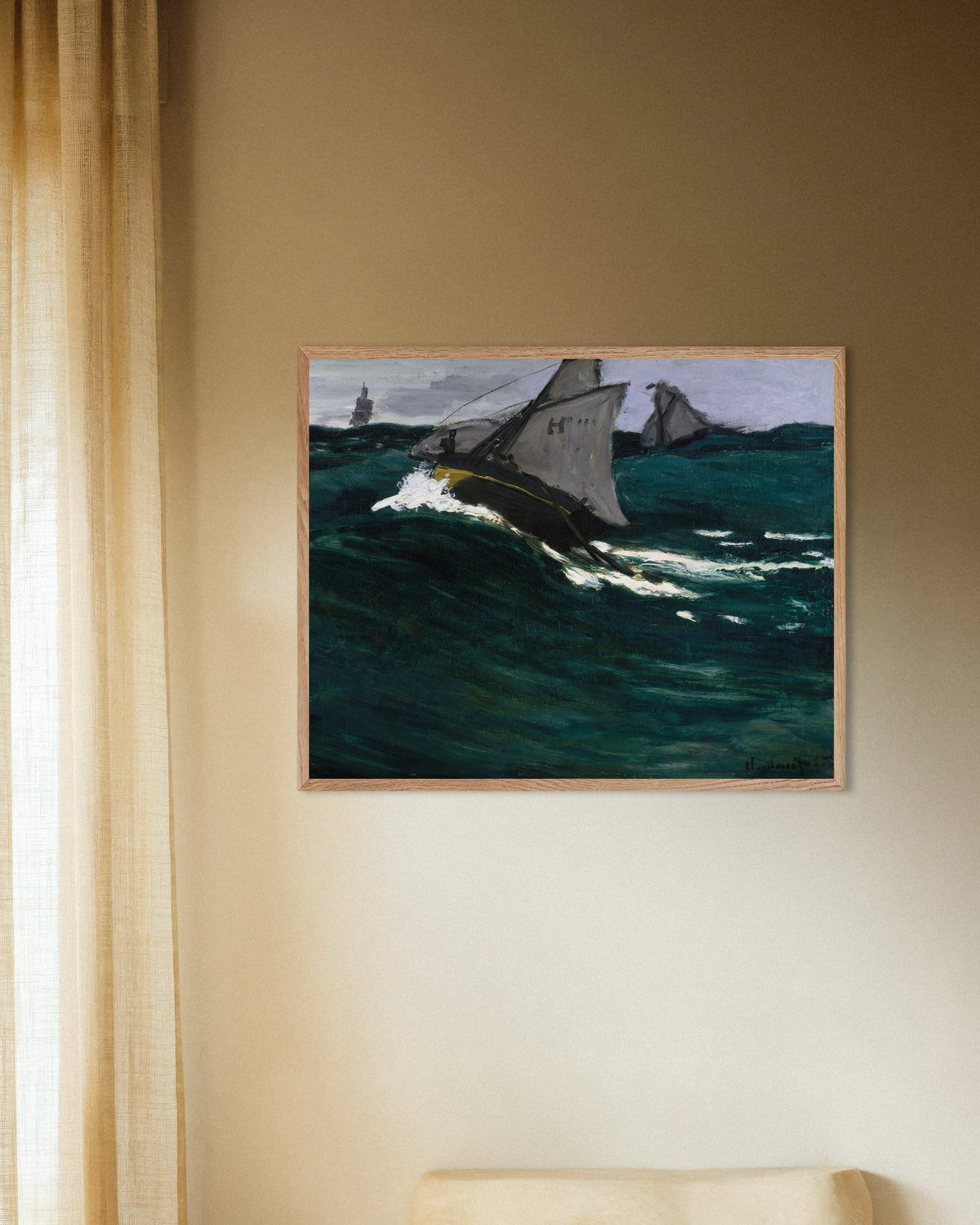 Plakat Den grønne bølge (ca. 1866–1867) af Claude Monet med ramme i naturtræ