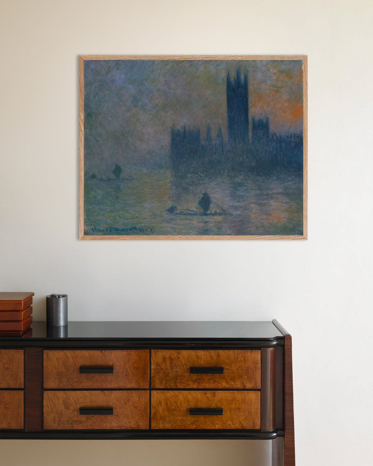 Plakat Parlamentet, tågeeffekt (1903–1904) af Claude Monet med ramme i naturtræ