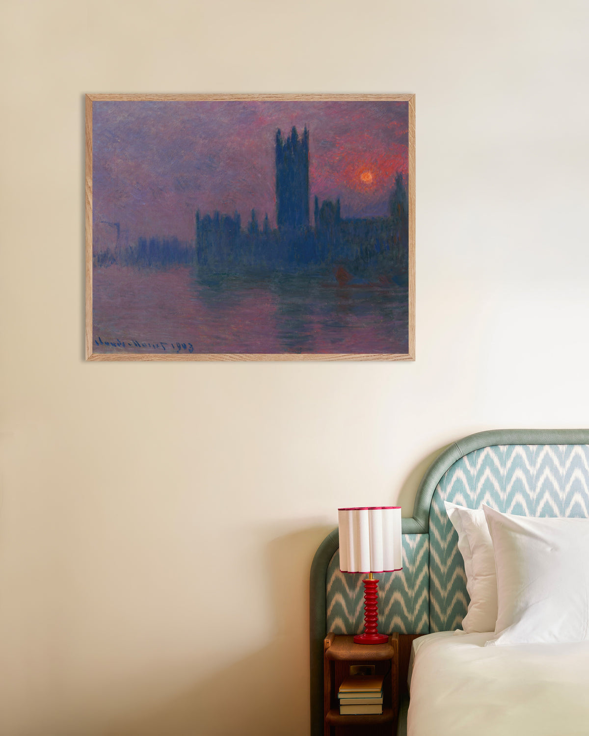 Plakat Parlamentet, nedgående sol (1900–1903) af Claude Monet med ramme i naturtræ