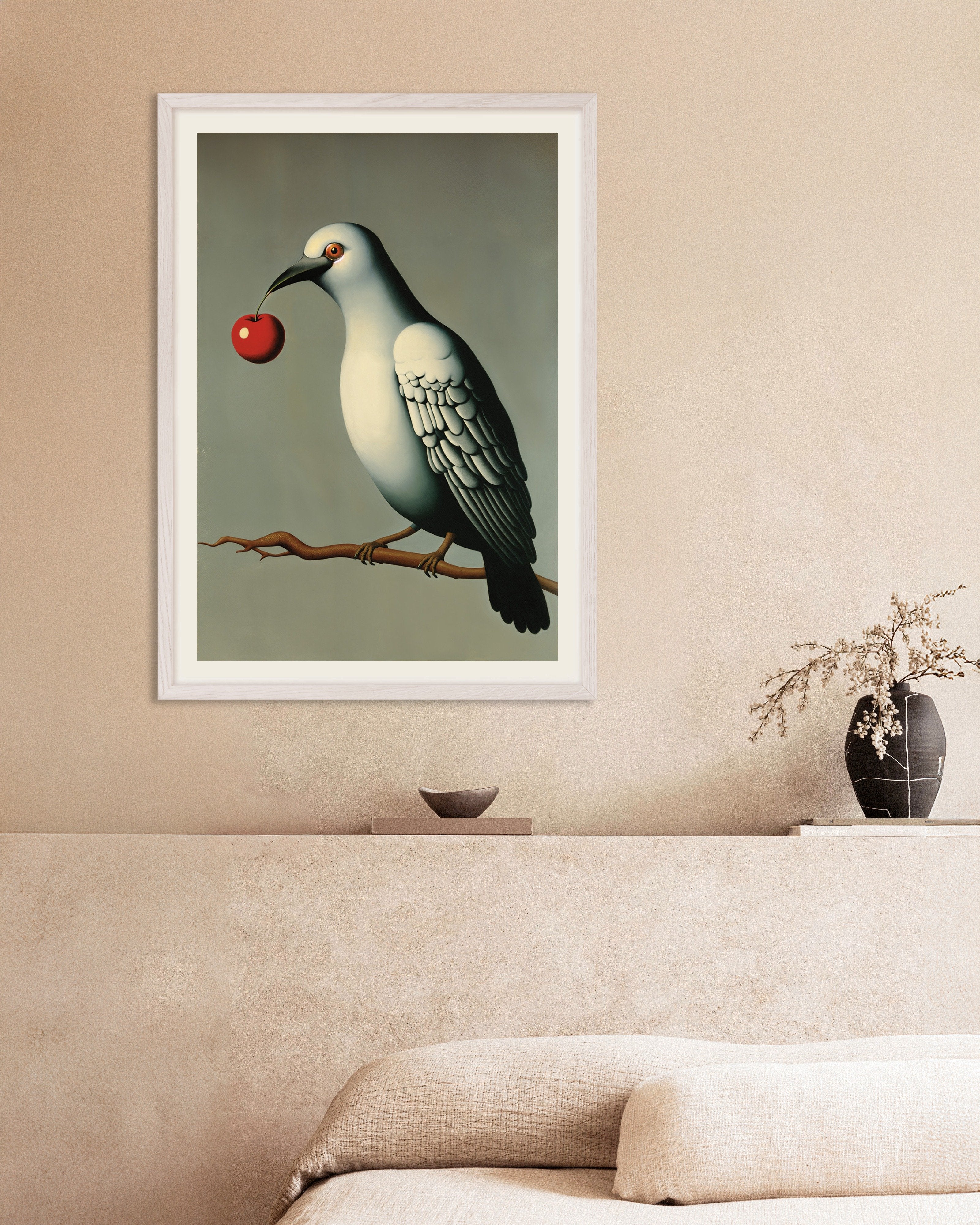 Poster of The Pigeon and the Cherry - Homage to Magritte, with white wooden frame