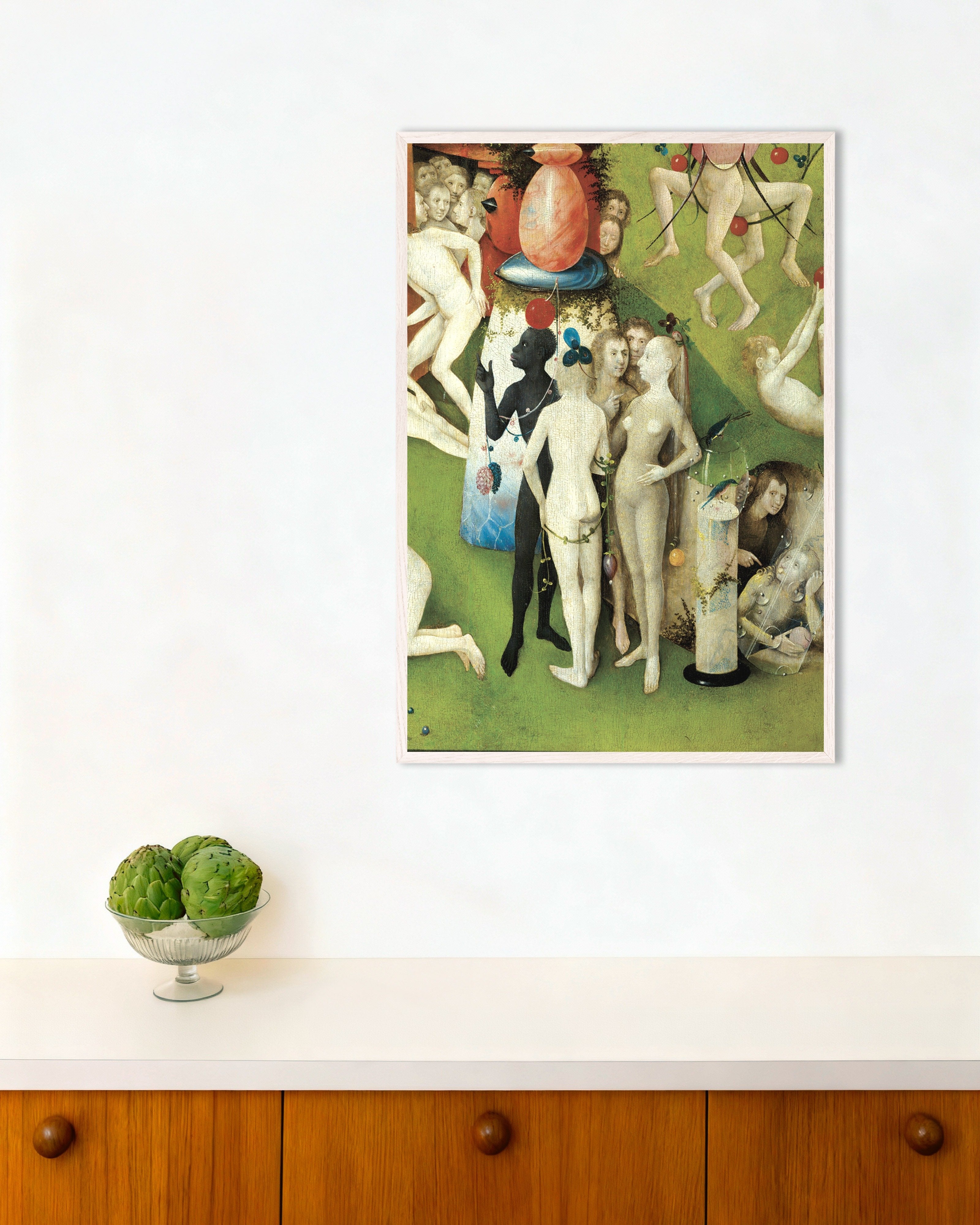 Poster of The pointing figure and glass tube - Detail from The Garden of Earthly Delights, with white wooden frame