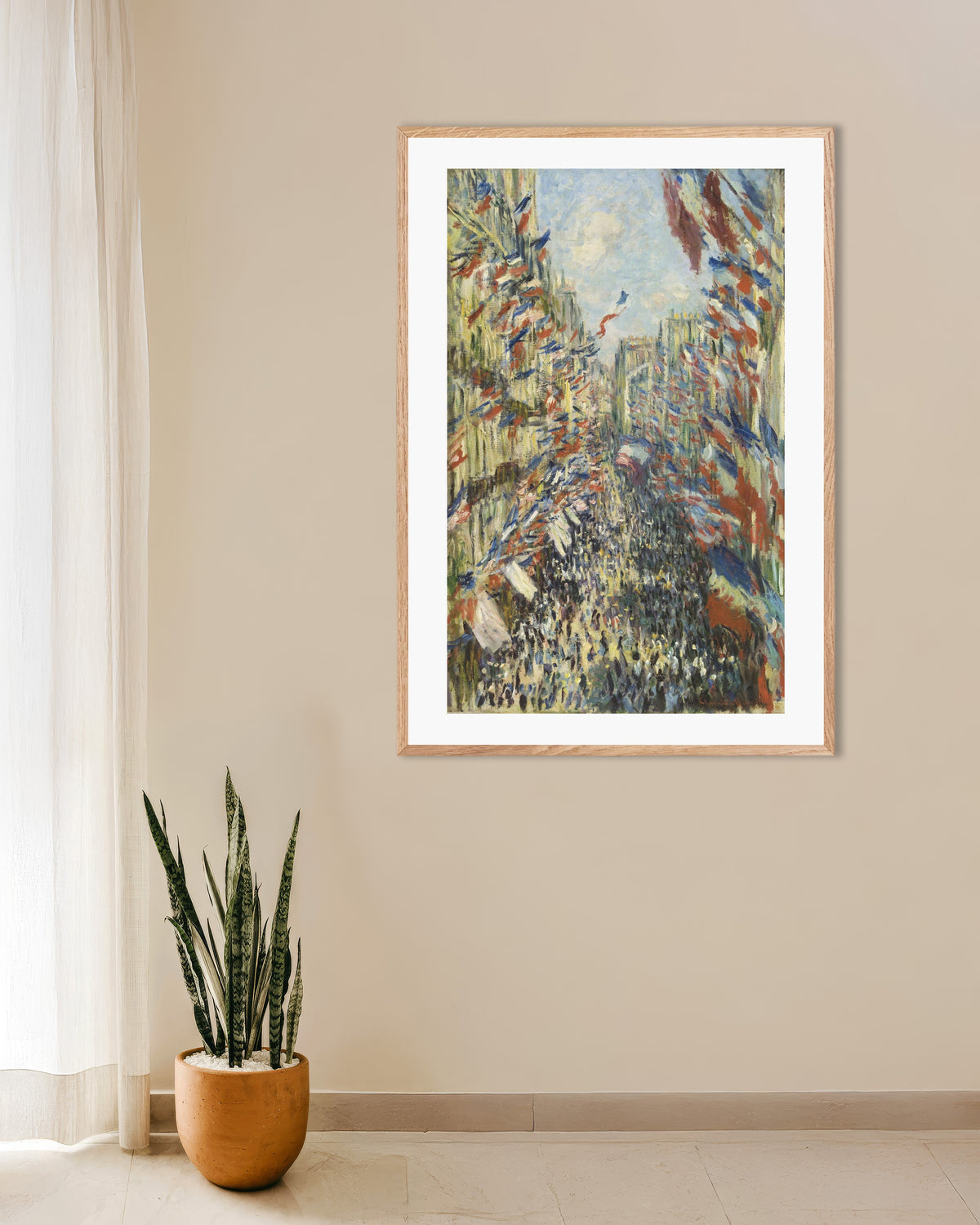 Plakat Rue Montorgueil i Paris, festen den 30. juni 1878 af Claude Monet med ramme i naturtræ