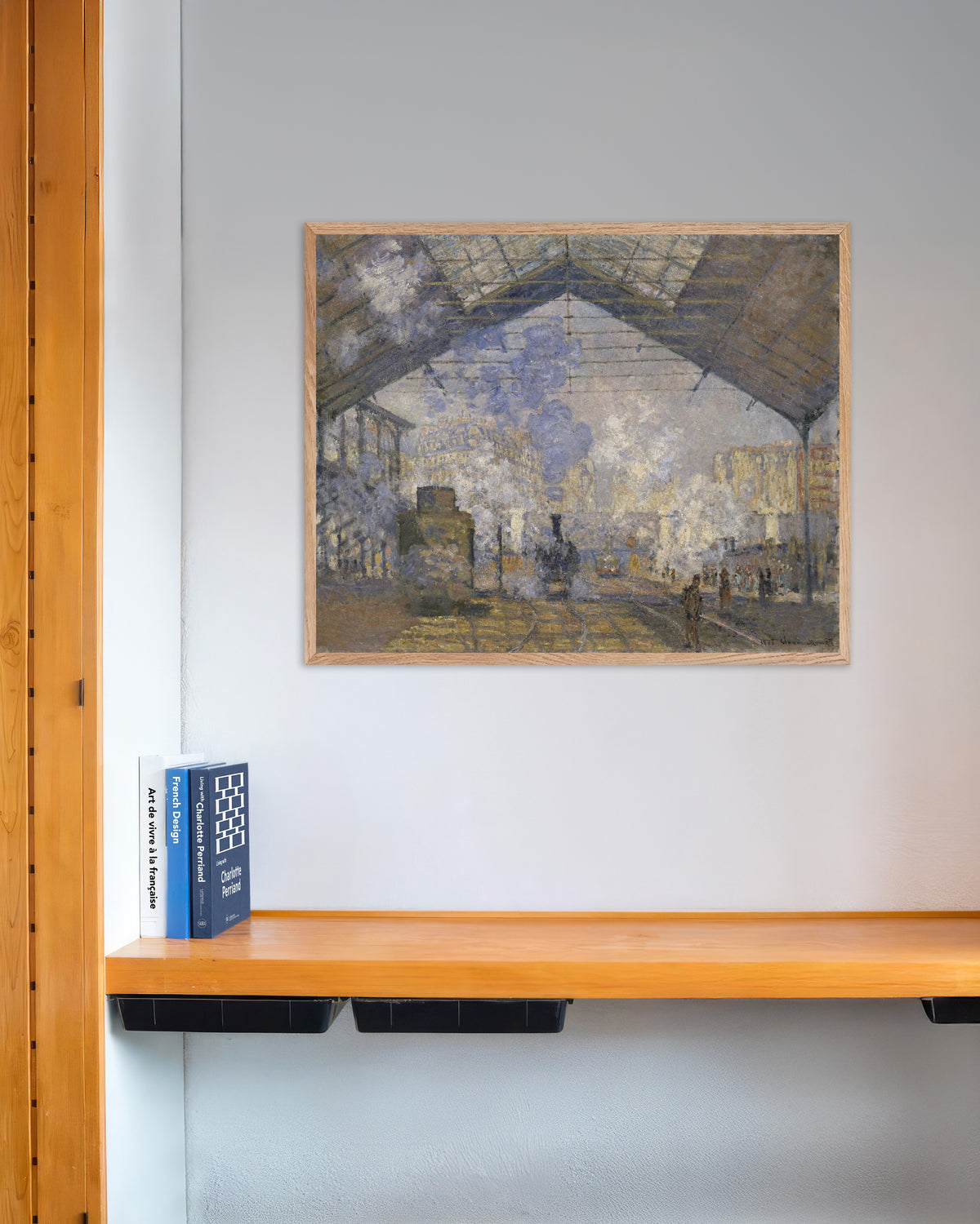 Plakat Gare Saint-Lazare (1877) af Claude Monet med ramme i naturtræ