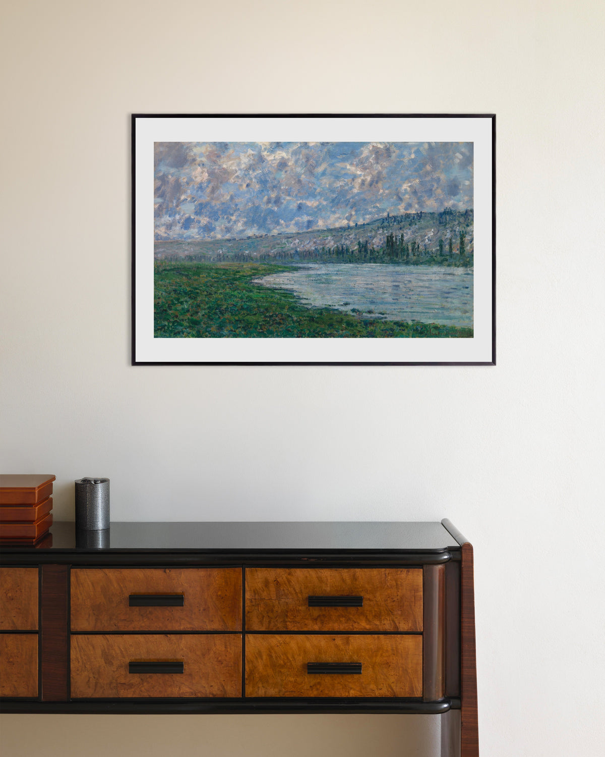 Plakat Seinen ved Vétheuil (1880) af Claude Monet med metalramme