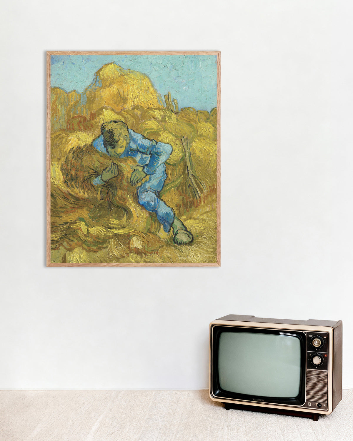 Poster med Kornbinderen, efter Millet (1889) af Vincent van Gogh, med ramme af naturtræ
