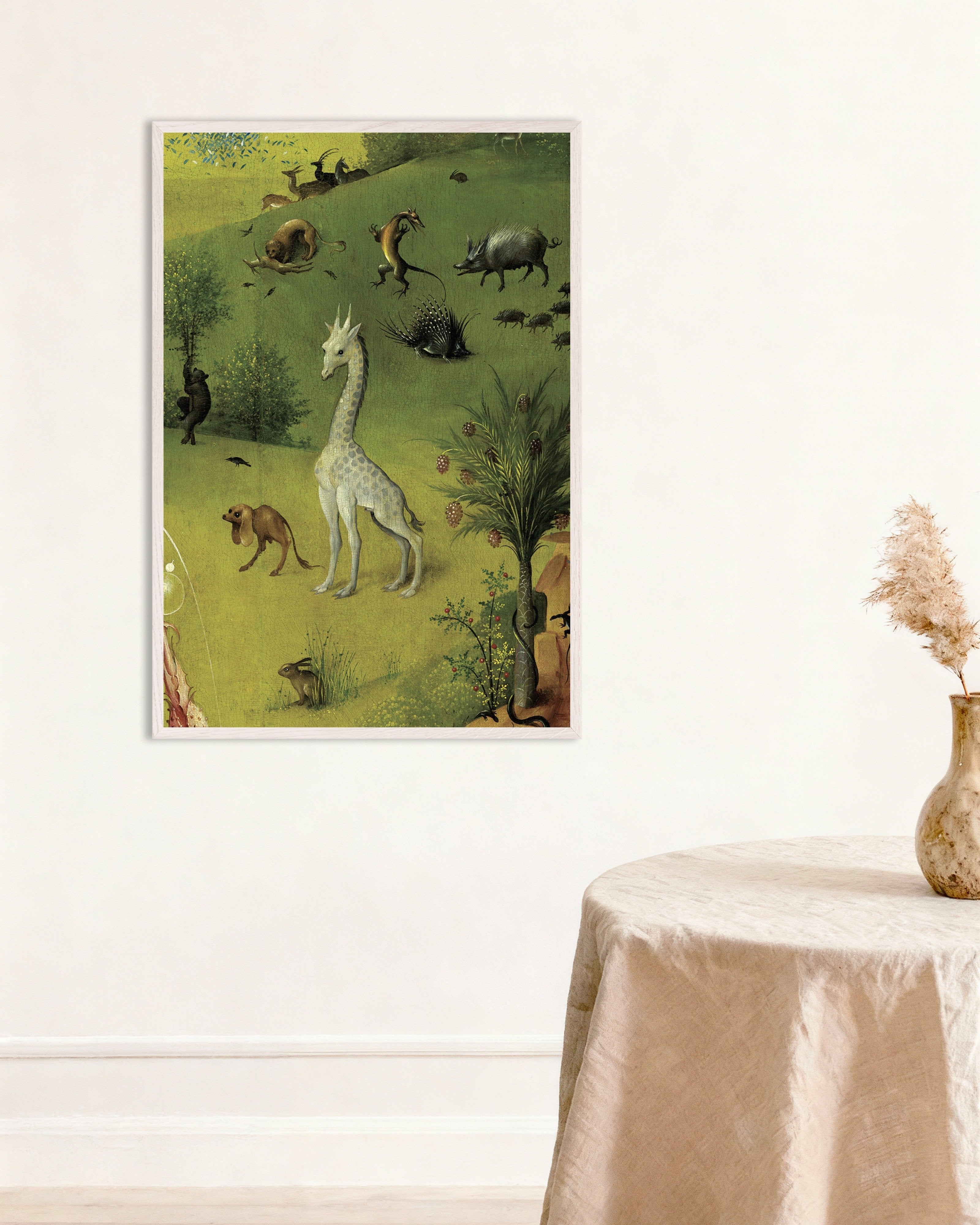 Poster of The white giraffe and exotic beasts - Detail from The Garden of Earthly Delights, with white wooden frame