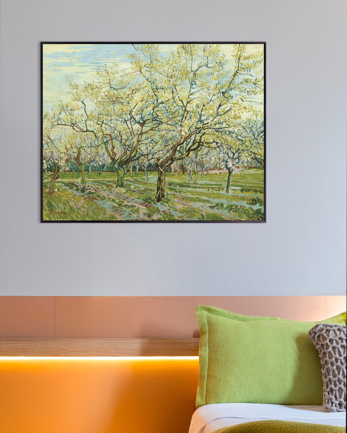 Poster med Den hvide frugthave (1888) af Vincent van Gogh, med metalramme