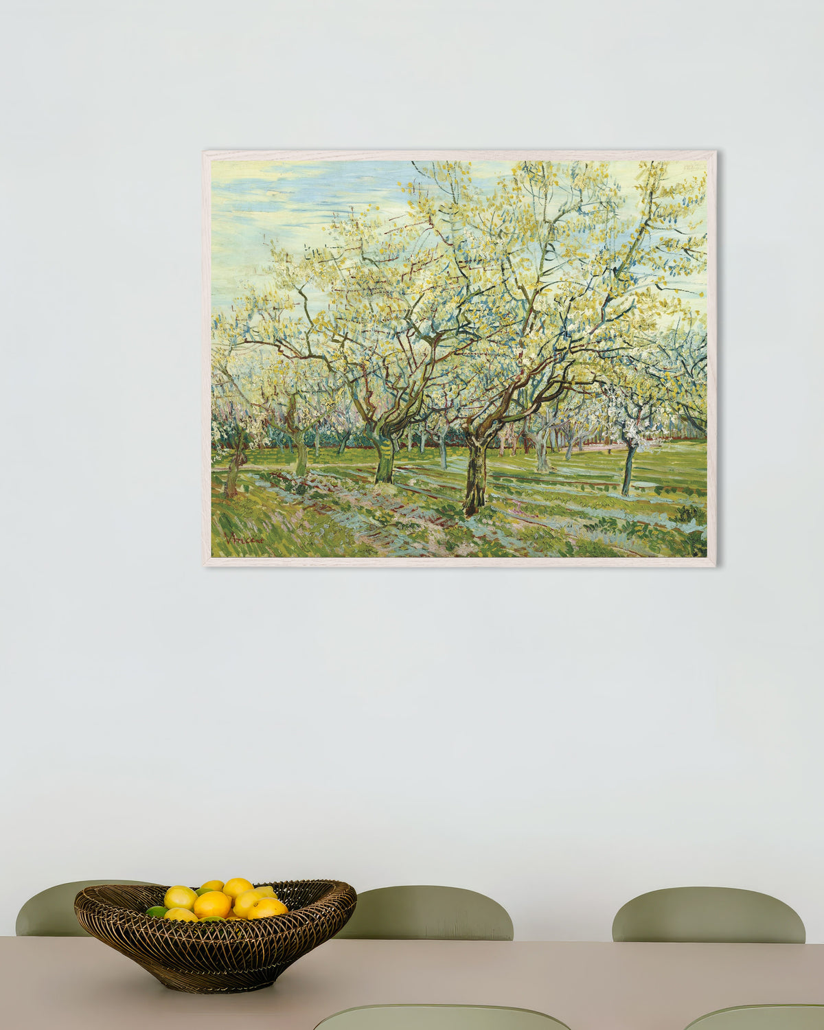 Poster med Den hvide frugthave (1888) af Vincent van Gogh, med hvid træramme