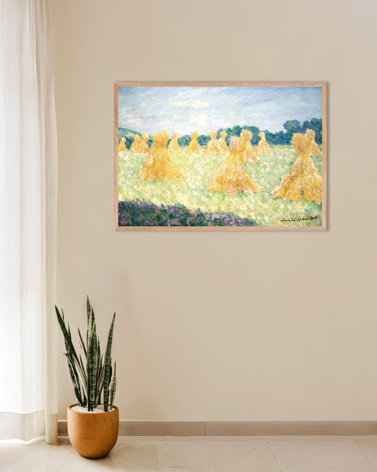 Plakat Pigerne fra Giverny, sollys (1894) af Claude Monet med ramme i naturtræ