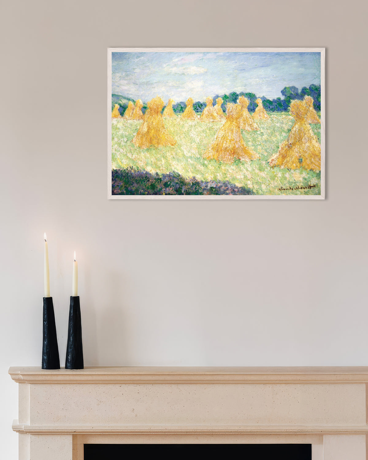 Plakat Pigerne fra Giverny, sollys (1894) af Claude Monet med hvid træramme