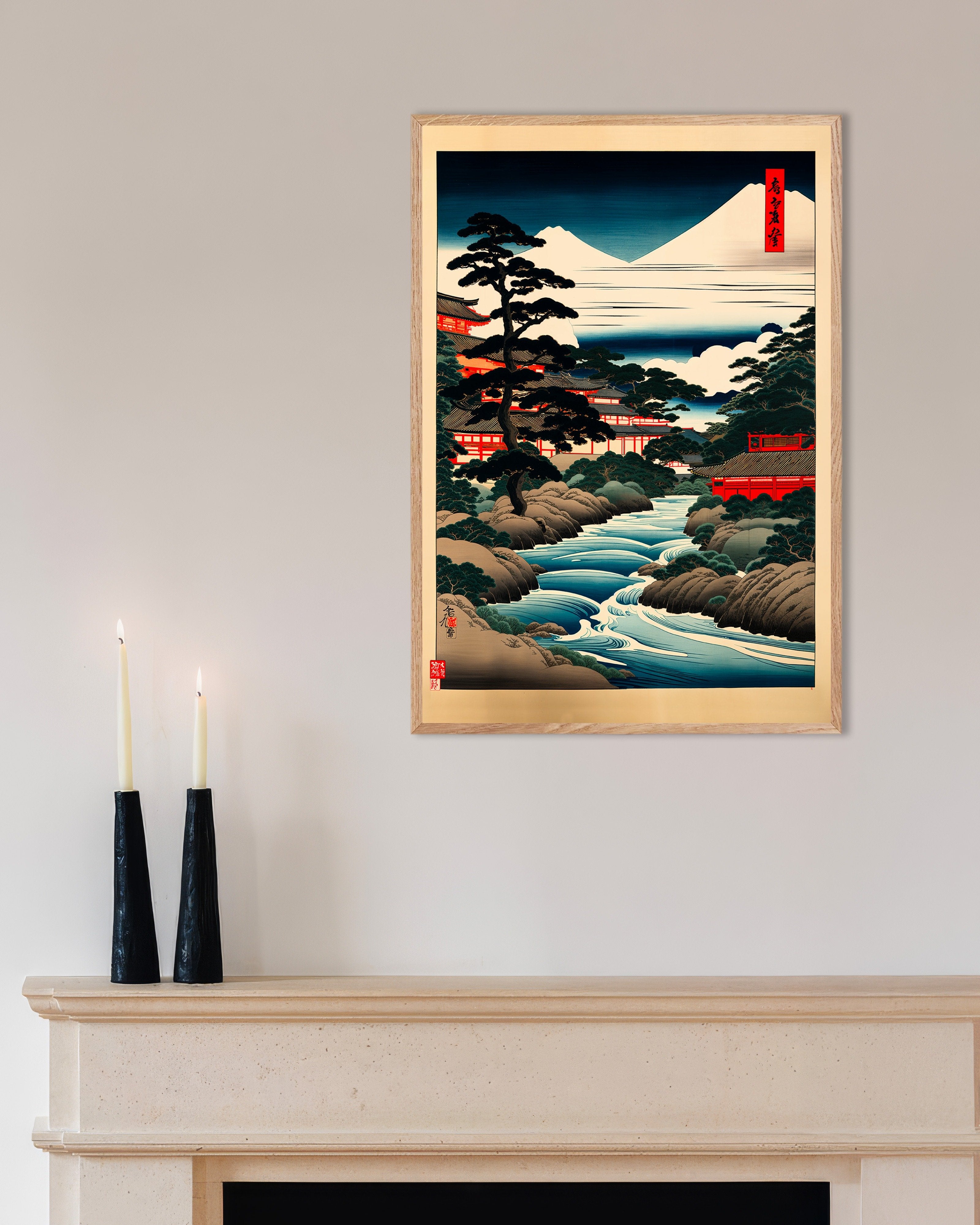 Poster of Ukiyo-e, japanese landscape - Poster, with natural wooden frame