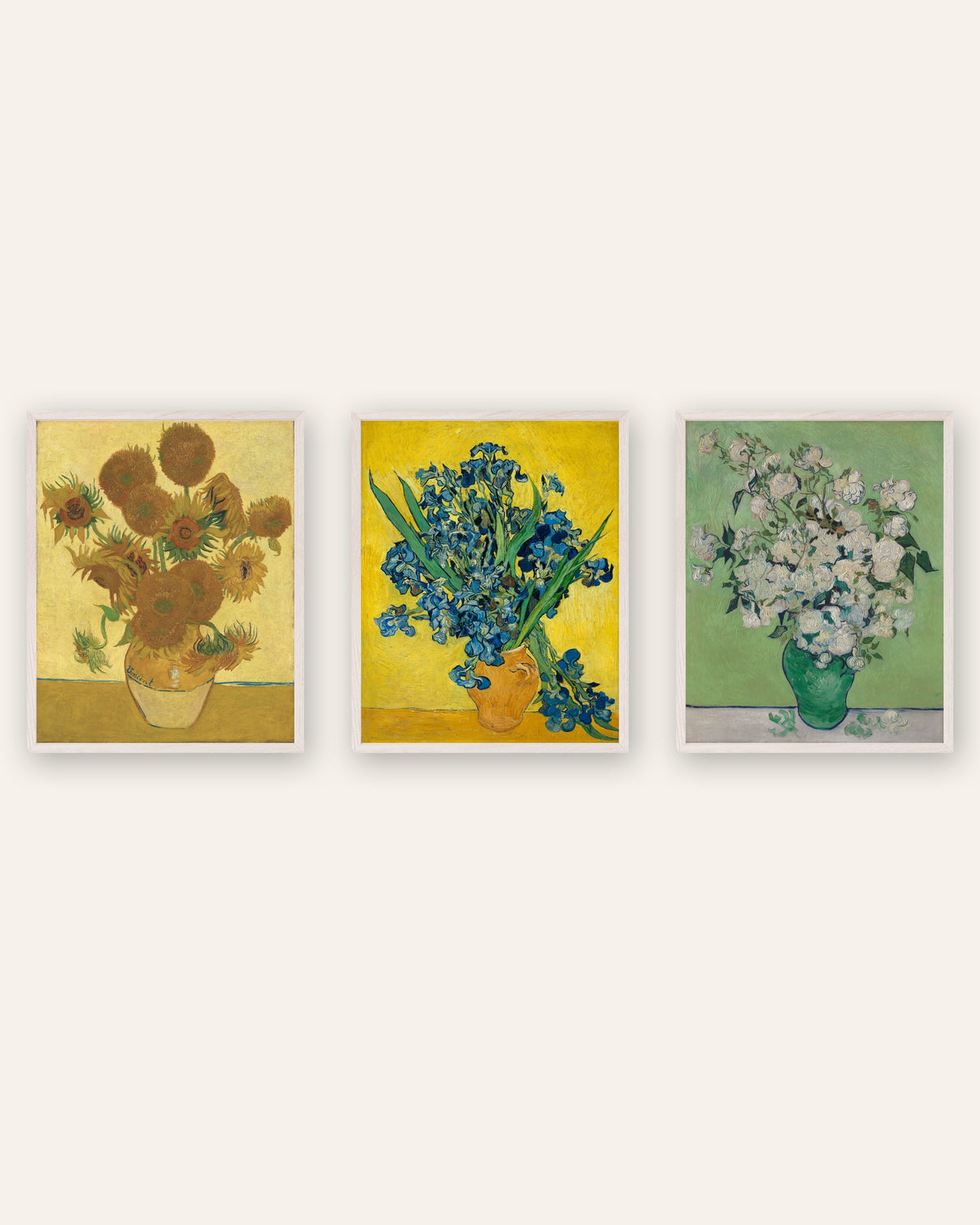 Van Gogh plakater med blomster, sæt med 3: Solsikker, Iris og Roser, i hvide egetræsrammer