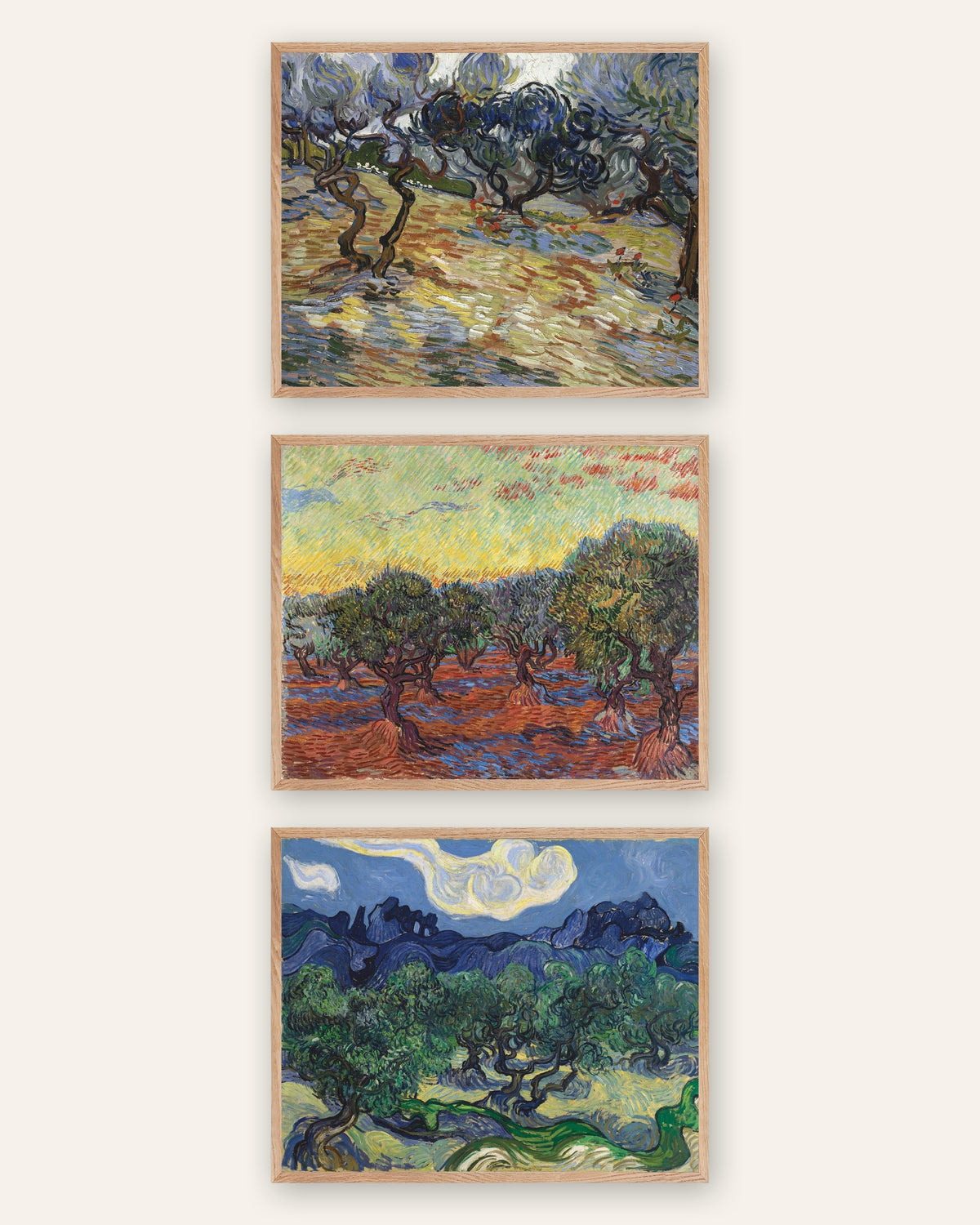 Van Gogh plakater med oliventræer, sæt med 3: olivenlundene i Saint-Rémy, i rammer af natureg