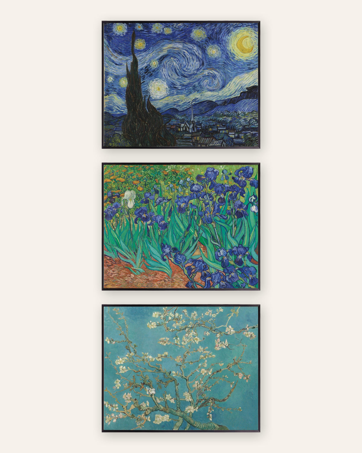 Van Gogh plakater, sæt med 3: Stjernenatten, Iris og Blomstrende mandelgrene, i sorte metalrammer