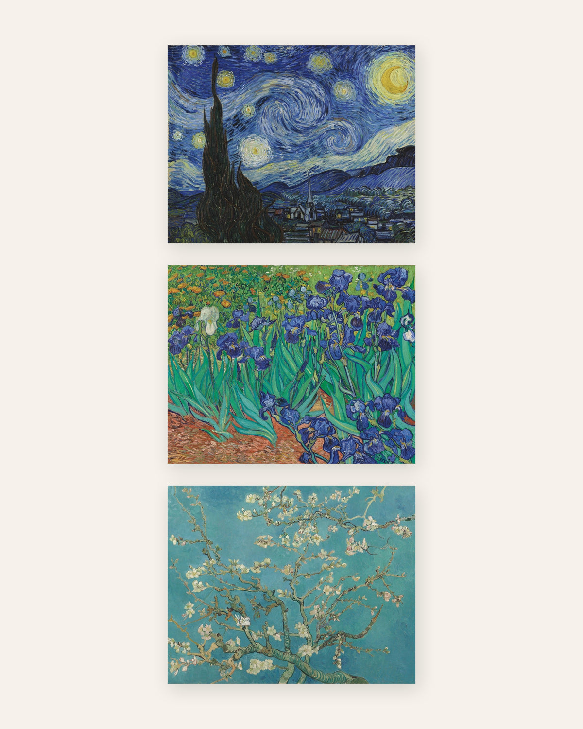 Van Gogh plakater, sæt med 3: Stjernenatten, Iris og Blomstrende mandelgrene, uden ramme