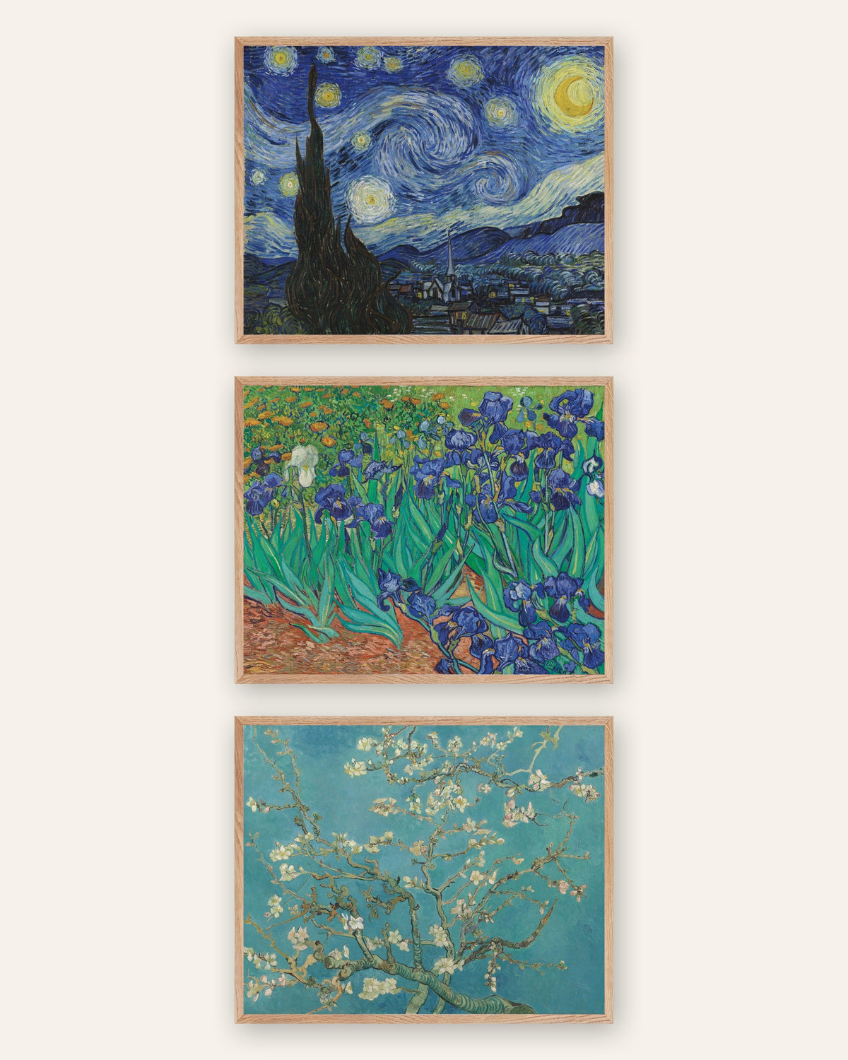 Van Gogh plakater, sæt med 3: Stjernenatten, Iris og Blomstrende mandelgrene, i rammer af natureg