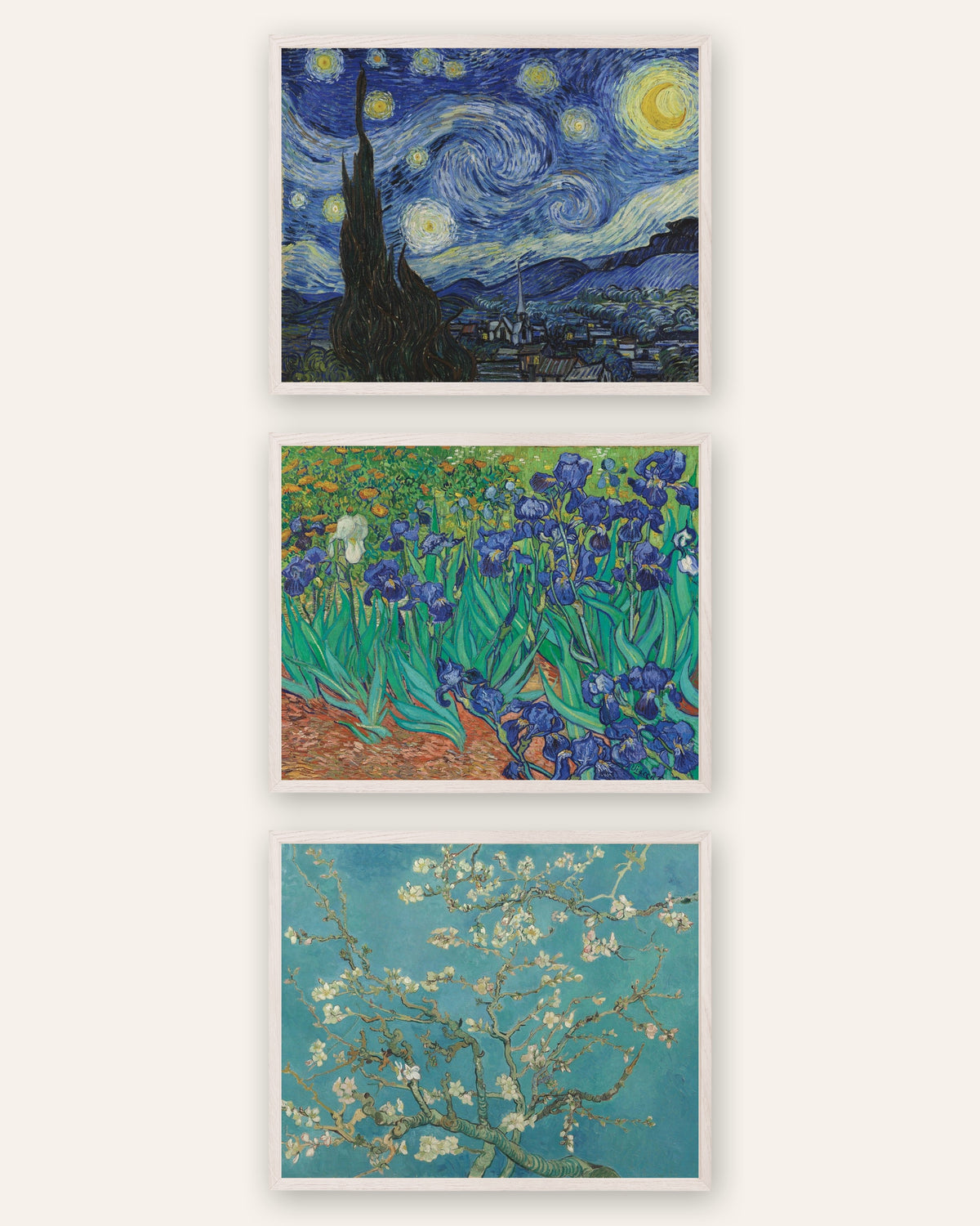 Van Gogh plakater, sæt med 3: Stjernenatten, Iris og Blomstrende mandelgrene, i hvide egetræsrammer