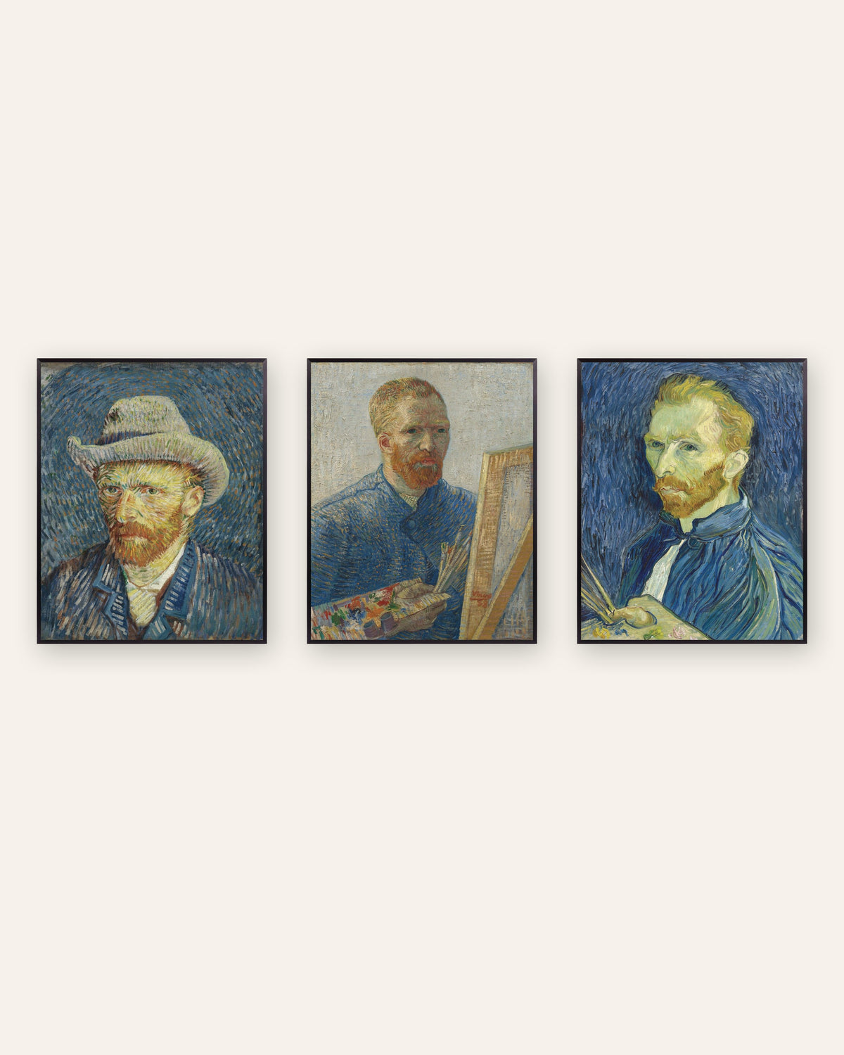 Van Gogh selvportræt plakater, sæt med 3: fra Paris til Saint-Rémy, i sorte metalrammer