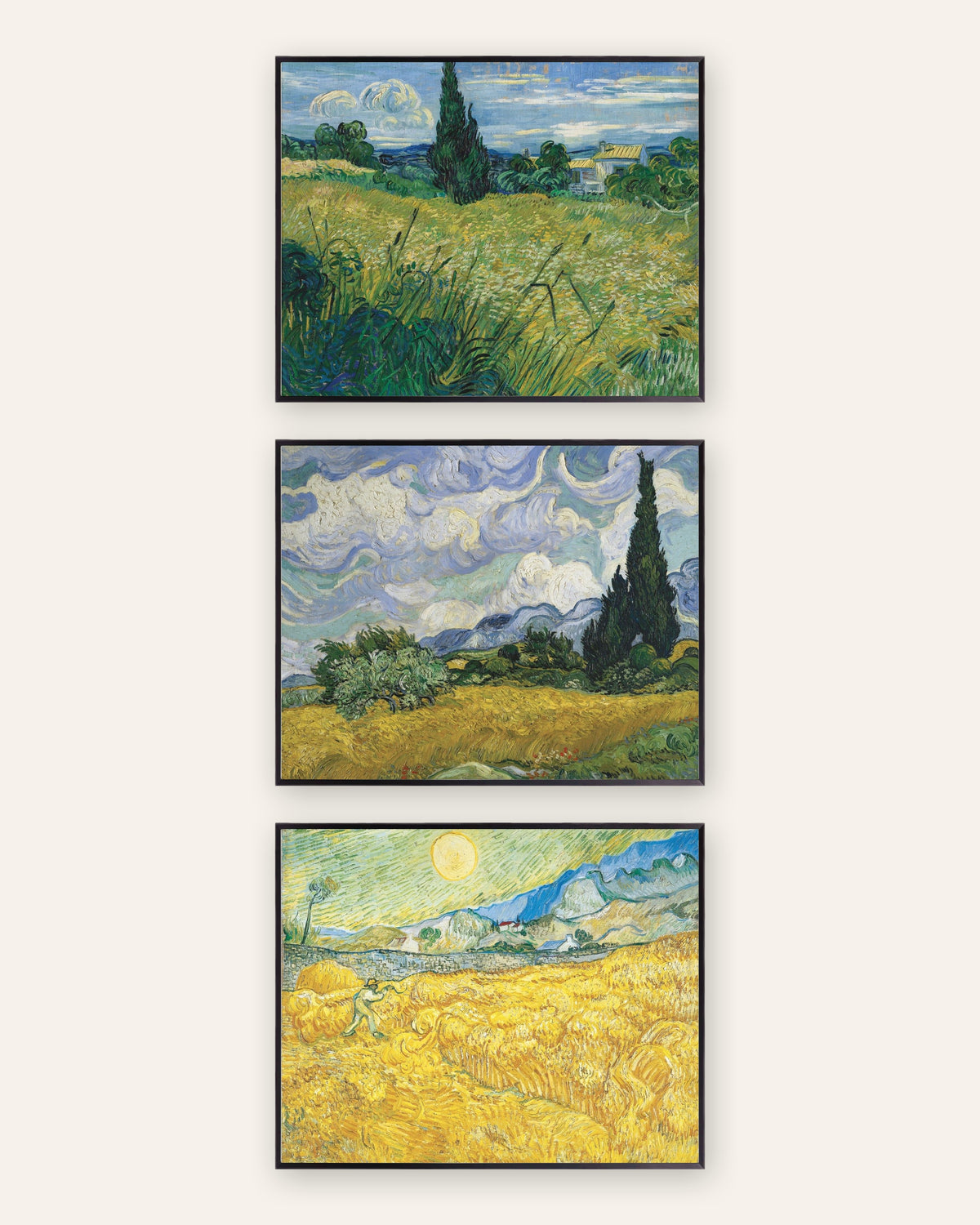 Van Gogh plakater med hvedemarker, sæt med 3: cypresser og høst, i sorte metalrammer