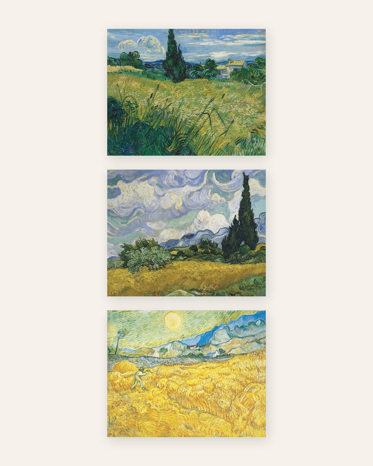 Van Gogh plakater med hvedemarker, sæt med 3: cypresser og høst, uden ramme