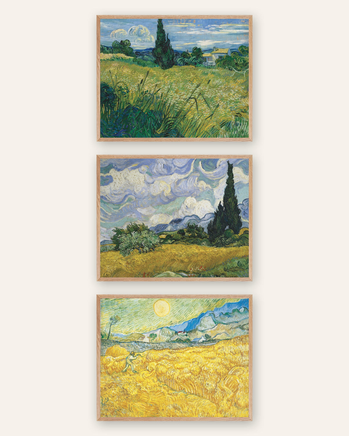 Van Gogh plakater med hvedemarker, sæt med 3: cypresser og høst, i rammer af natureg