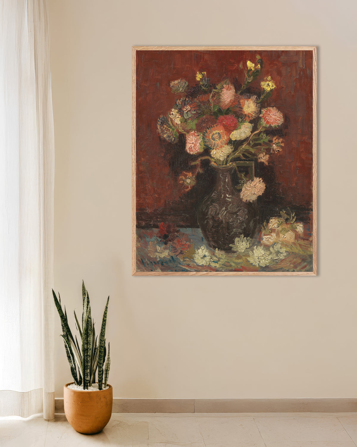 Poster med Vase med kinesiske asters og gladioler (1886) af Vincent van Gogh, med ramme i naturtræ