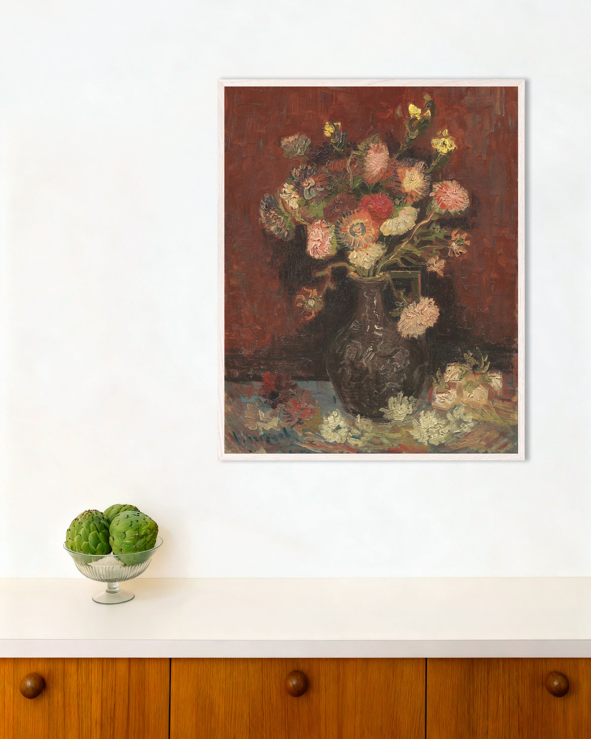 Poster med Vase med kinesiske asters og gladioler (1886) af Vincent van Gogh, med hvid træramme