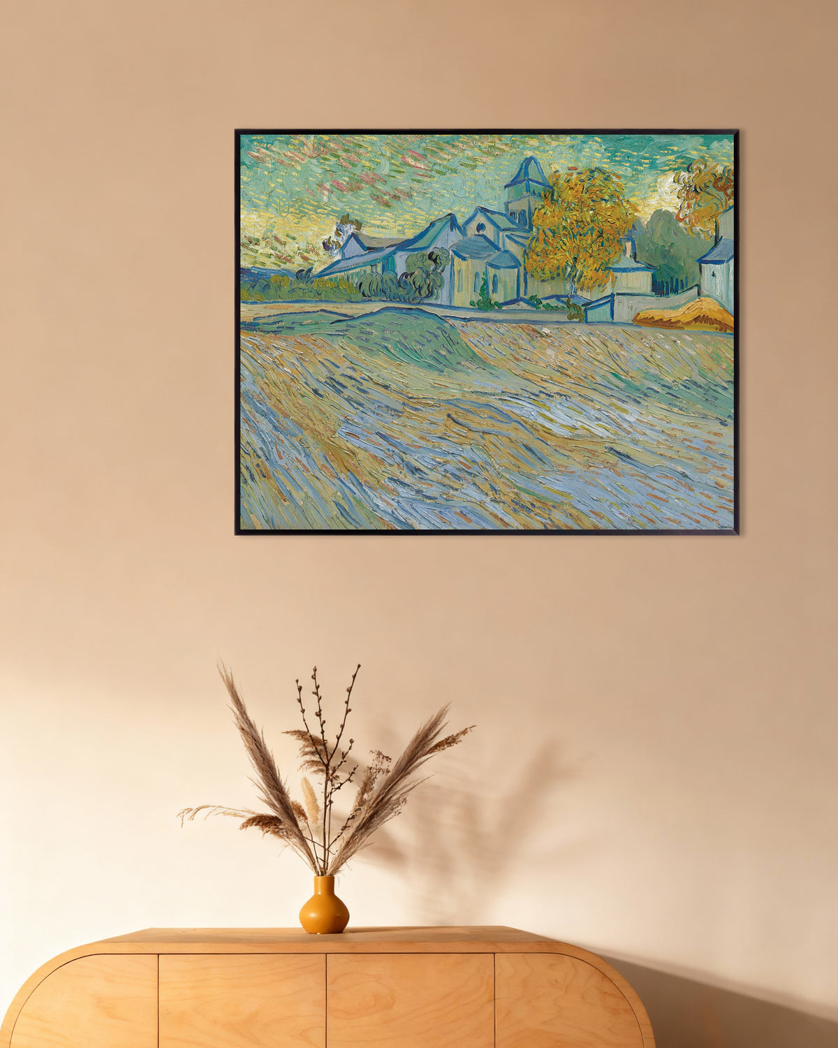 Poster af Udsigt over asylet og kapellet i Saint-Rémy (1889) af Vincent van Gogh med metalramme