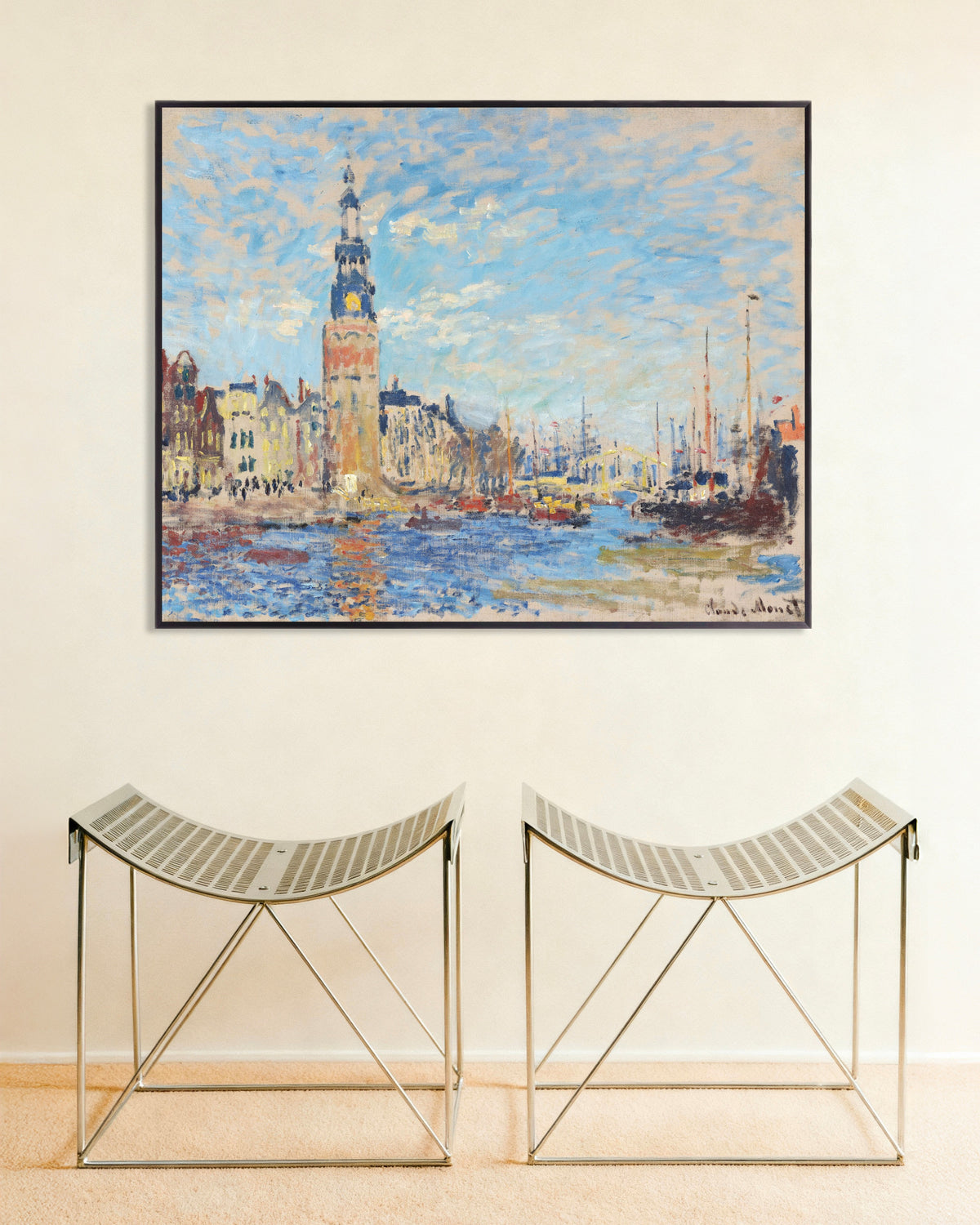 Plakat Udsigt mod Montelbaanstoren, Amsterdam (1874) af Claude Monet med metalramme