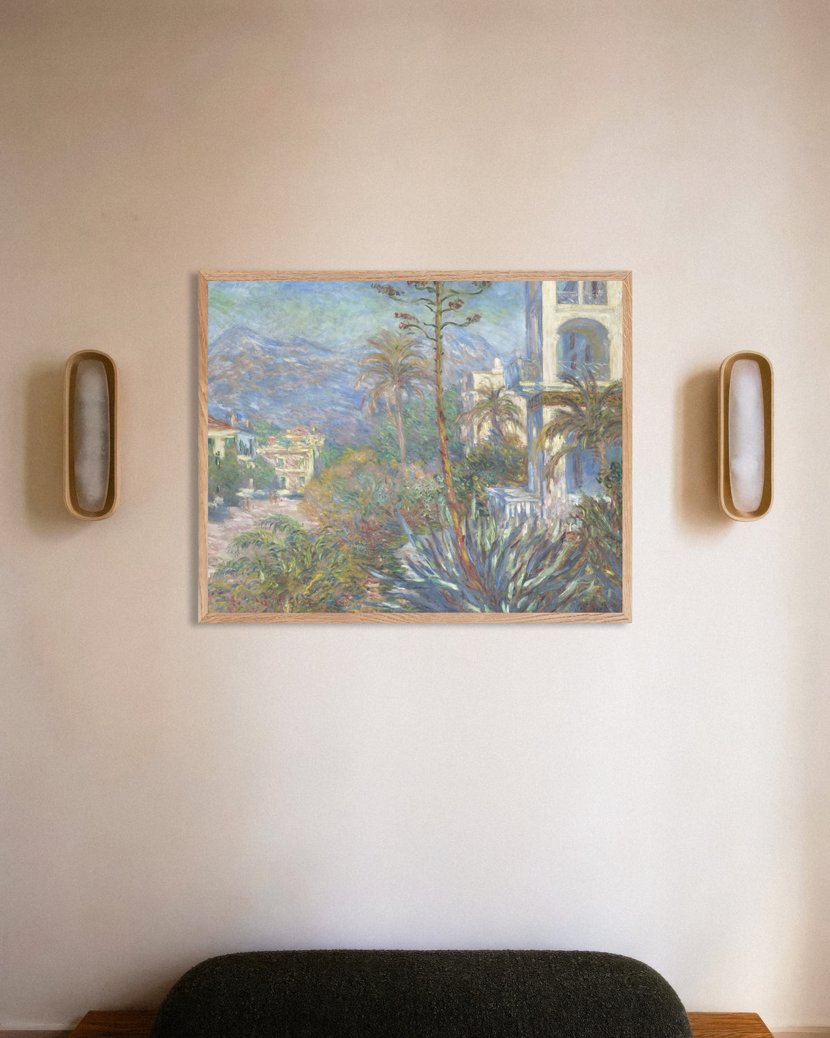 Plakat Villaer i Bordighera (1884) af Claude Monet med ramme i naturtræ