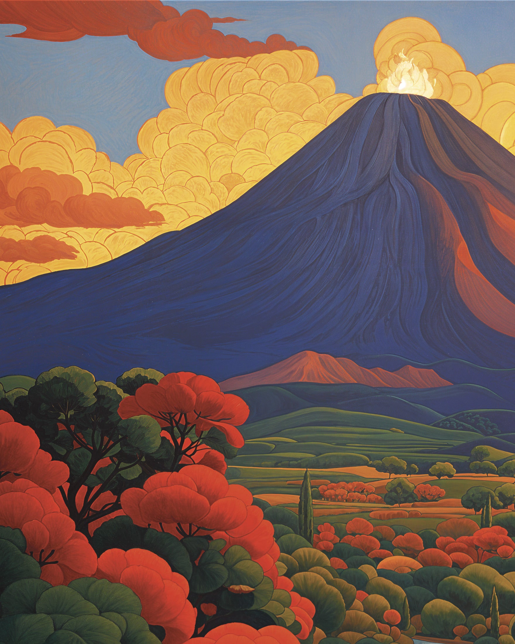 Volcano poster, mystisk symbolistisk komposition