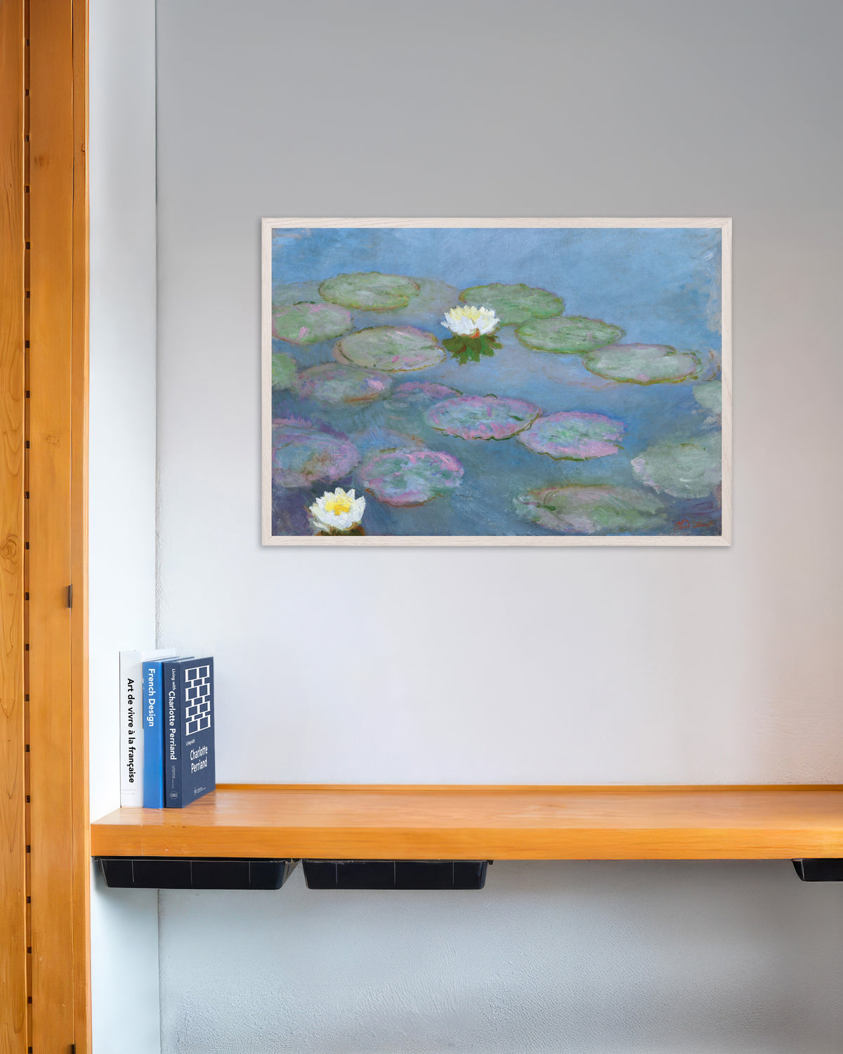 Plakat Åkander (ca. 1897–1899) af Claude Monet med hvid træramme