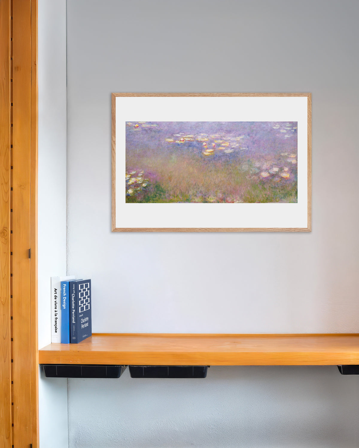 Plakat Åkander (ca. 1915–1926) af Claude Monet med ramme i naturtræ