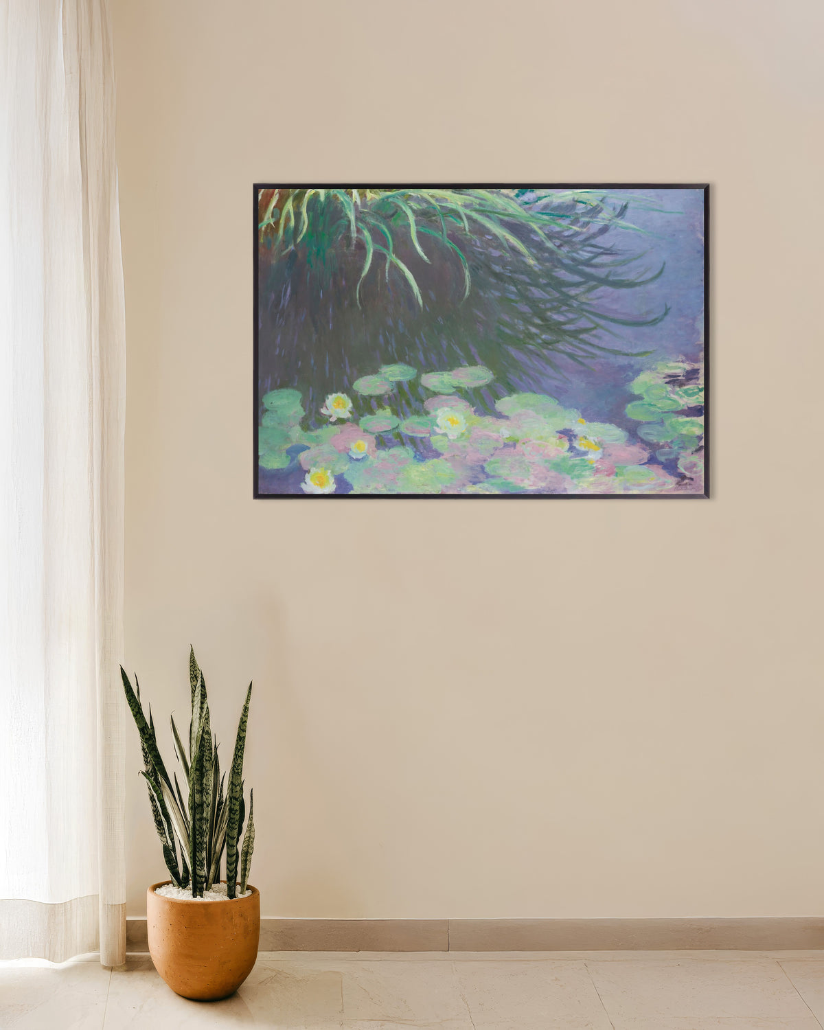 Plakat Åkander med spejlinger af højt græs (1914–1917) af Claude Monet med metalramme