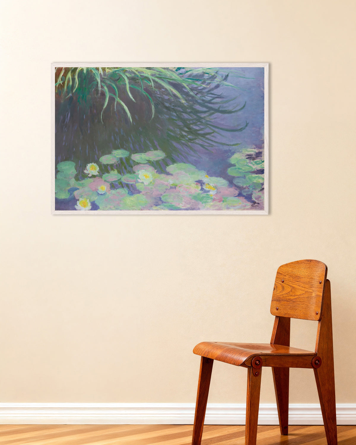 Plakat Åkander med spejlinger af højt græs (1914–1917) af Claude Monet med hvid træramme