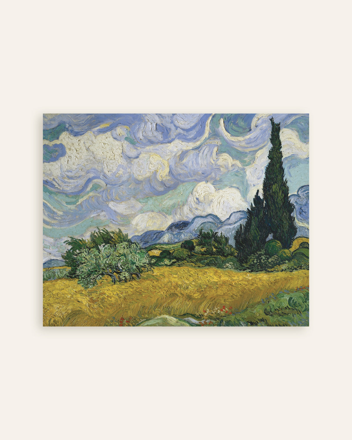 Poster med Hvedemark med cypresser (1889) af Vincent van Gogh, miniature