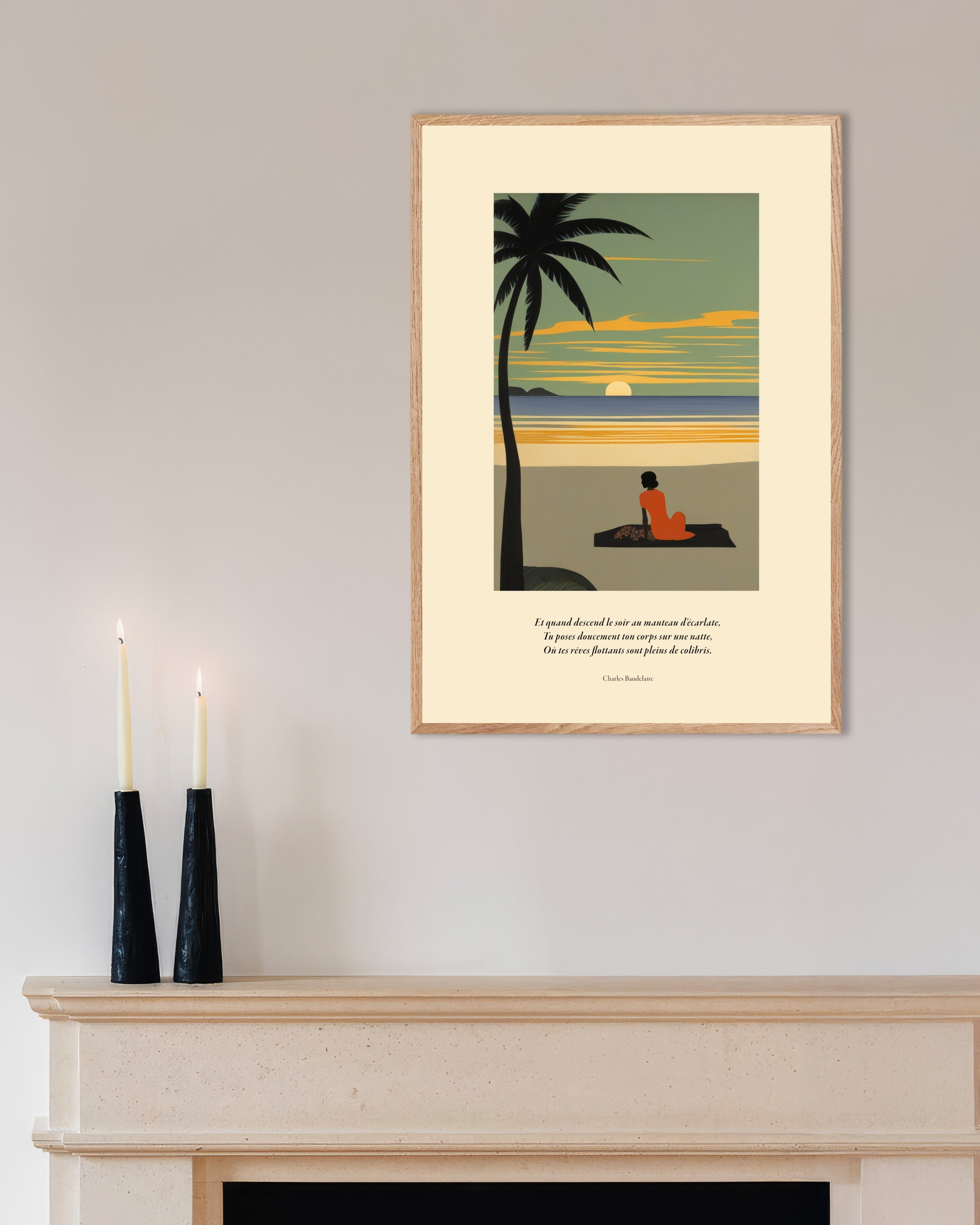 Poster of When evening descends in its scarlet cloak, Baudelaire, french, with natural wooden frame