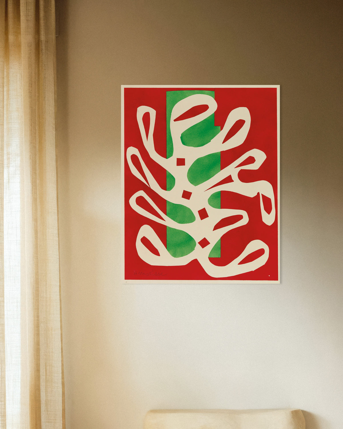 Poster af Hvid alge på rød og grøn baggrund (1947) af Henri Matisse