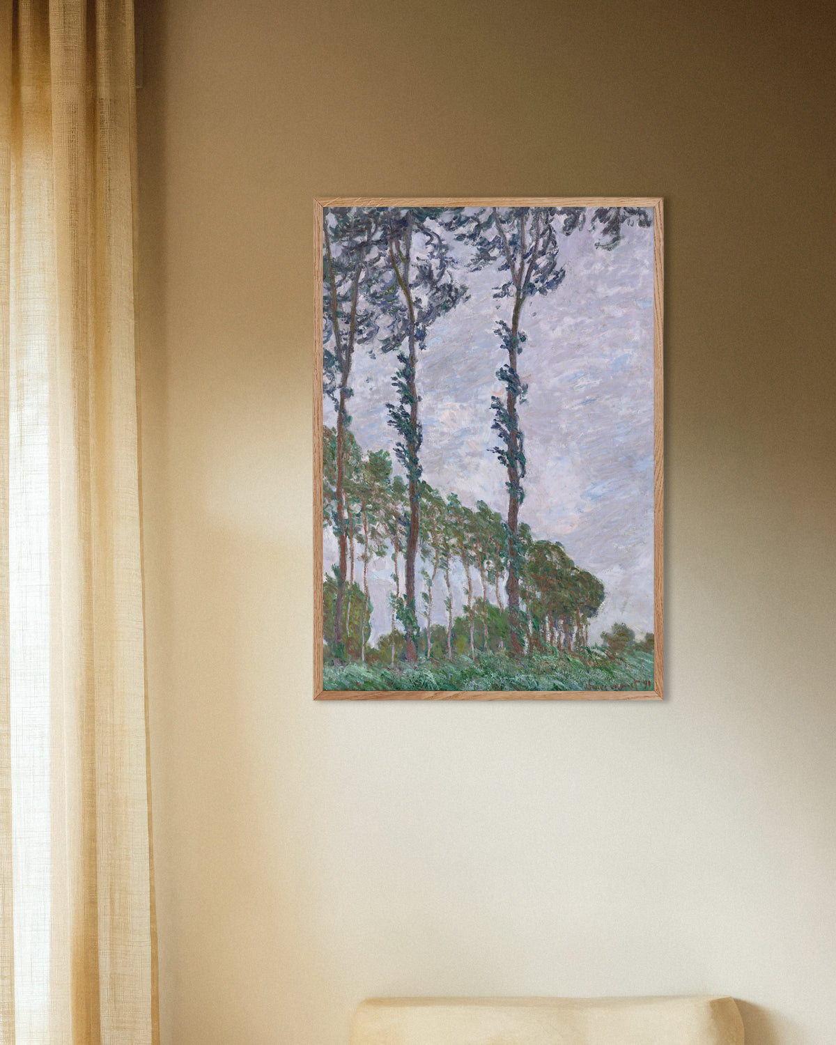 Plakat Popler, vindeffekt (1891) af Claude Monet med ramme i naturtræ